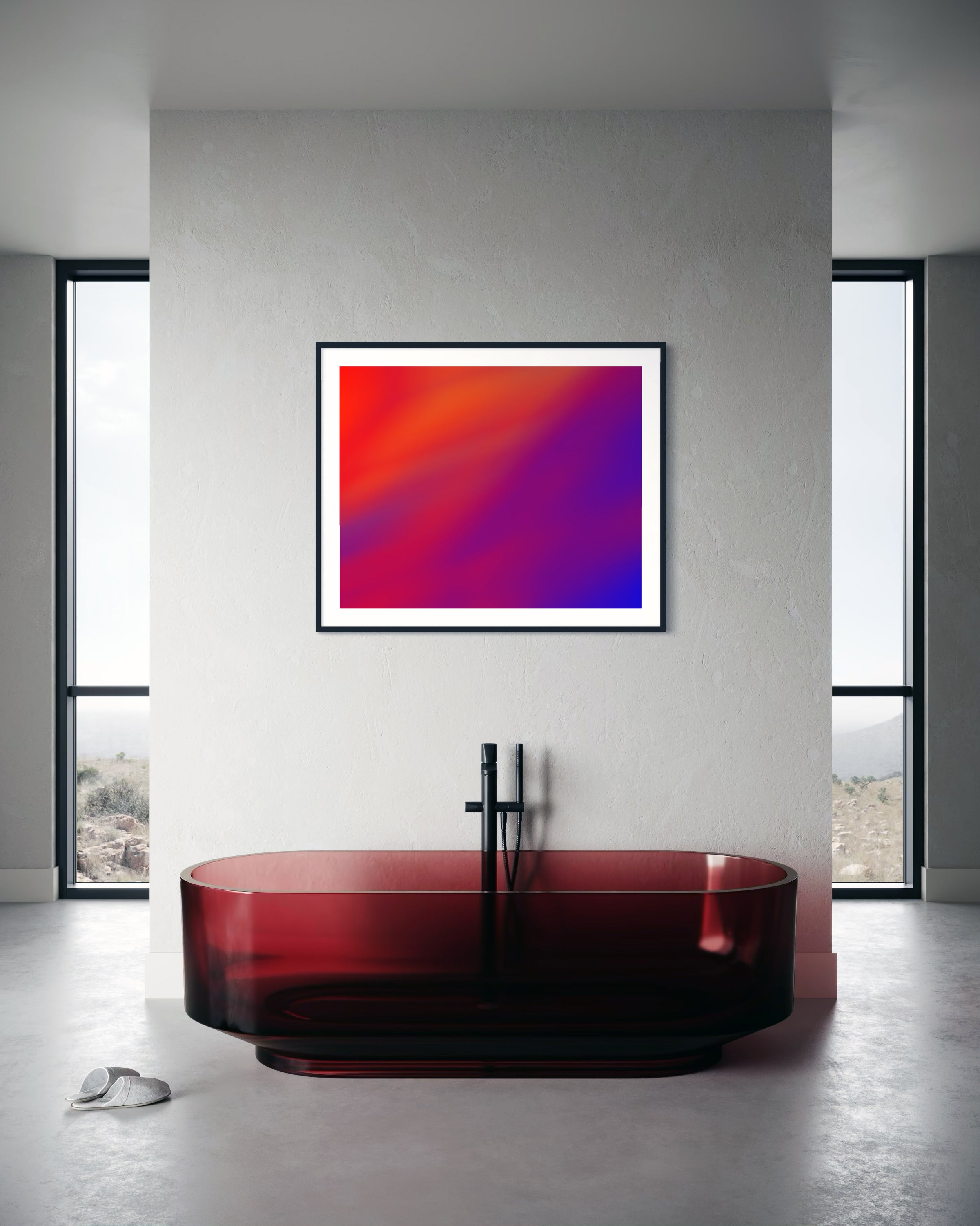 photo of abstract orange, yellow and purple in black frame on white brick wall in modern minimalist bathroom with deep red glass bathtub