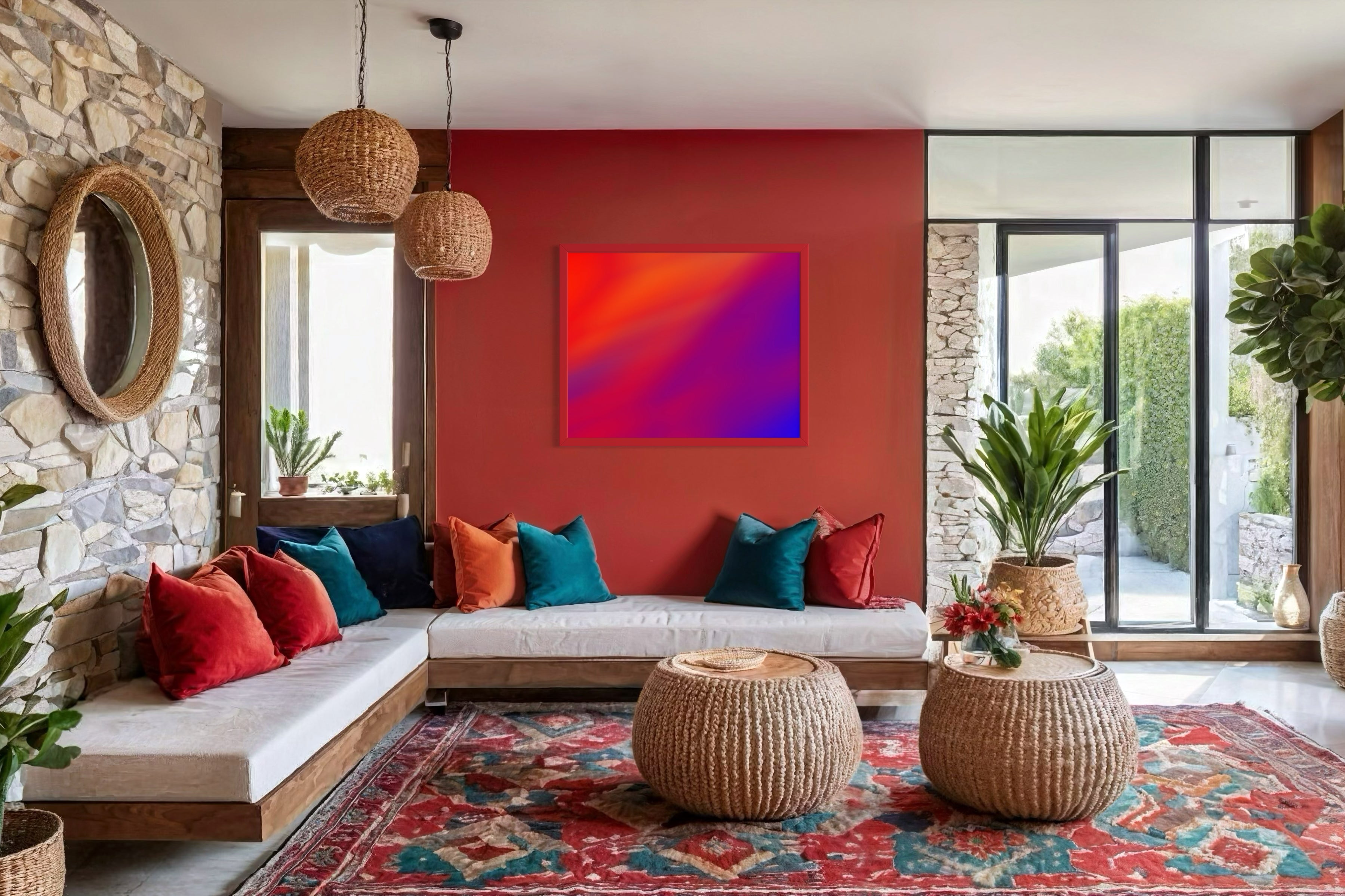photo of abstract orange, yellow and purple in orange frame on orange wall in rustic yet modern living room