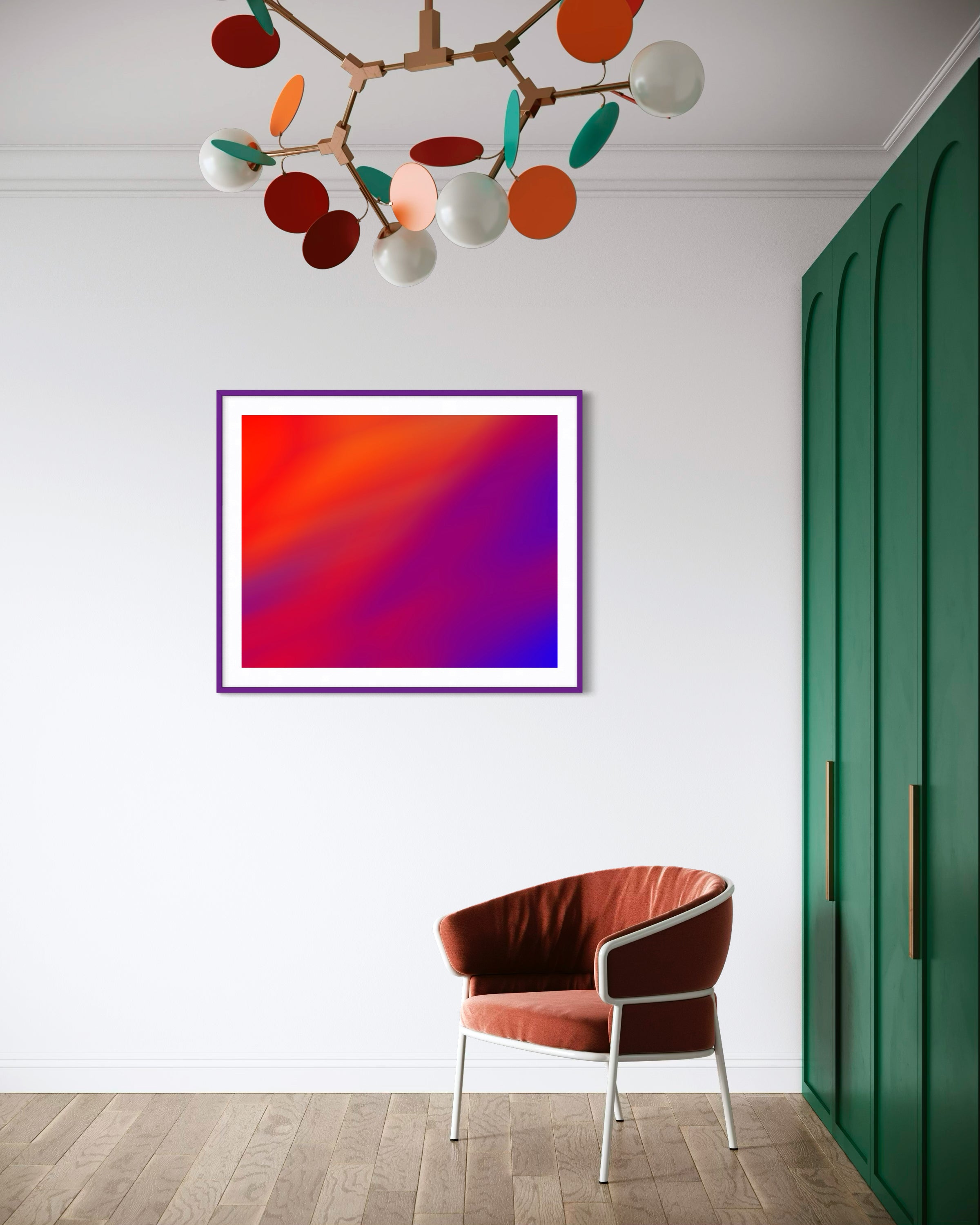 photo of abstract orange, yellow and purple in purple frame with white matte on white wall in sitting area
