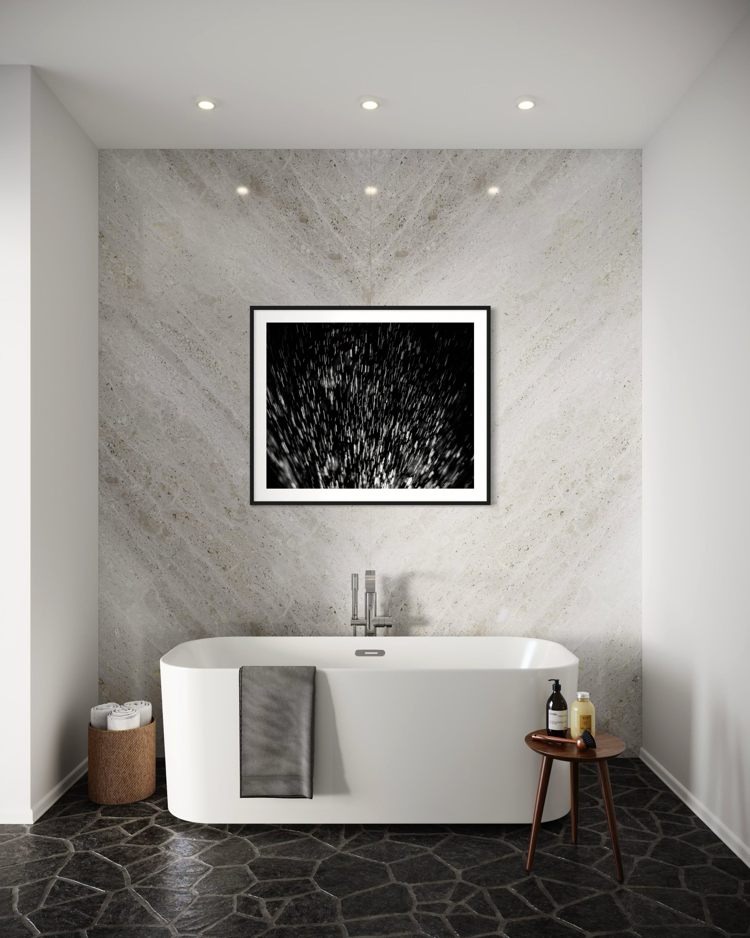 abstract water spray, backlit, spraying up, macro, black and white, photo art print in black frame on marble wall in very minimalist  monochrome, off white, modern bathroom