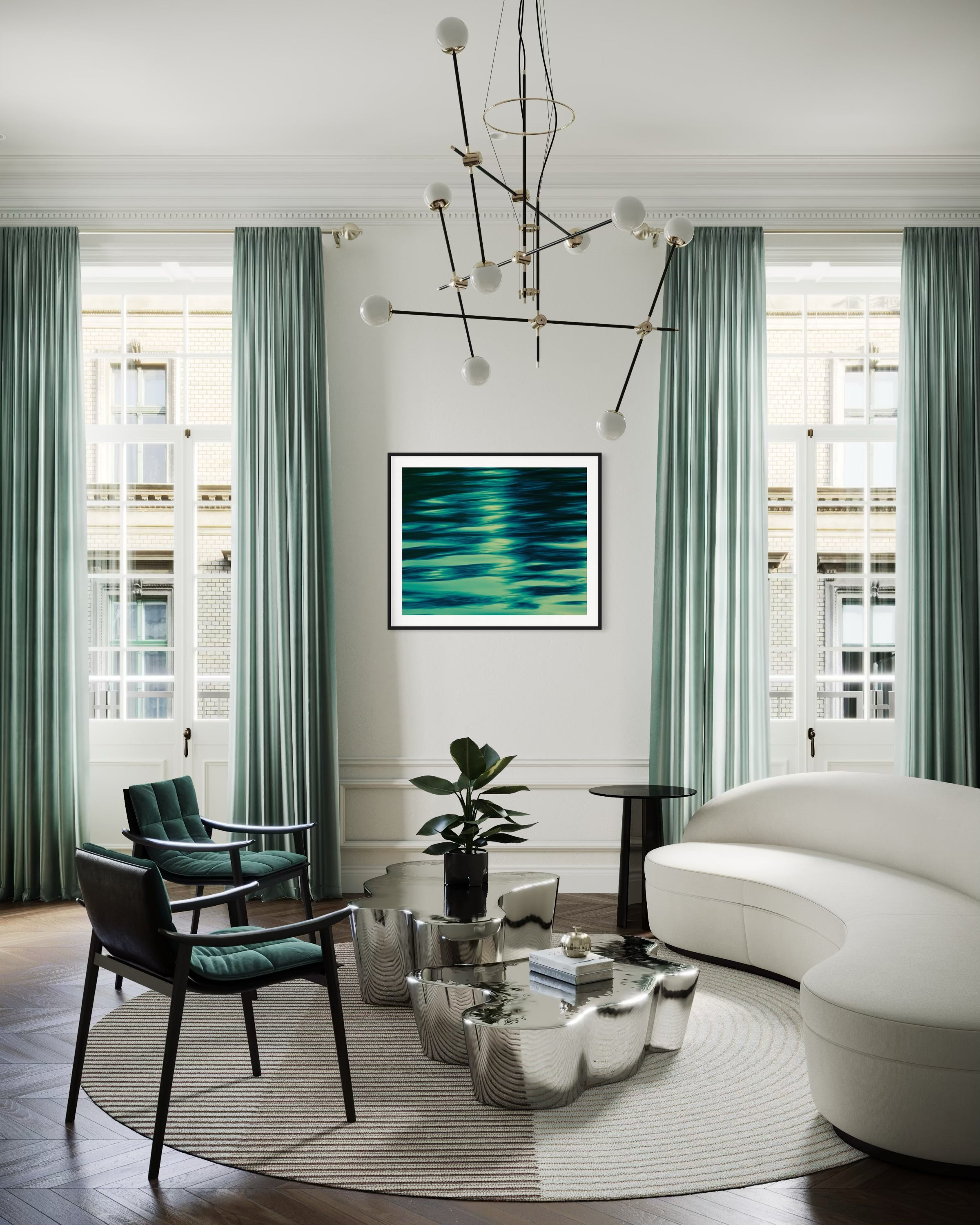 photo of abstract water in lake with blue, green and black in black frame with white matte on white wall in modern living room