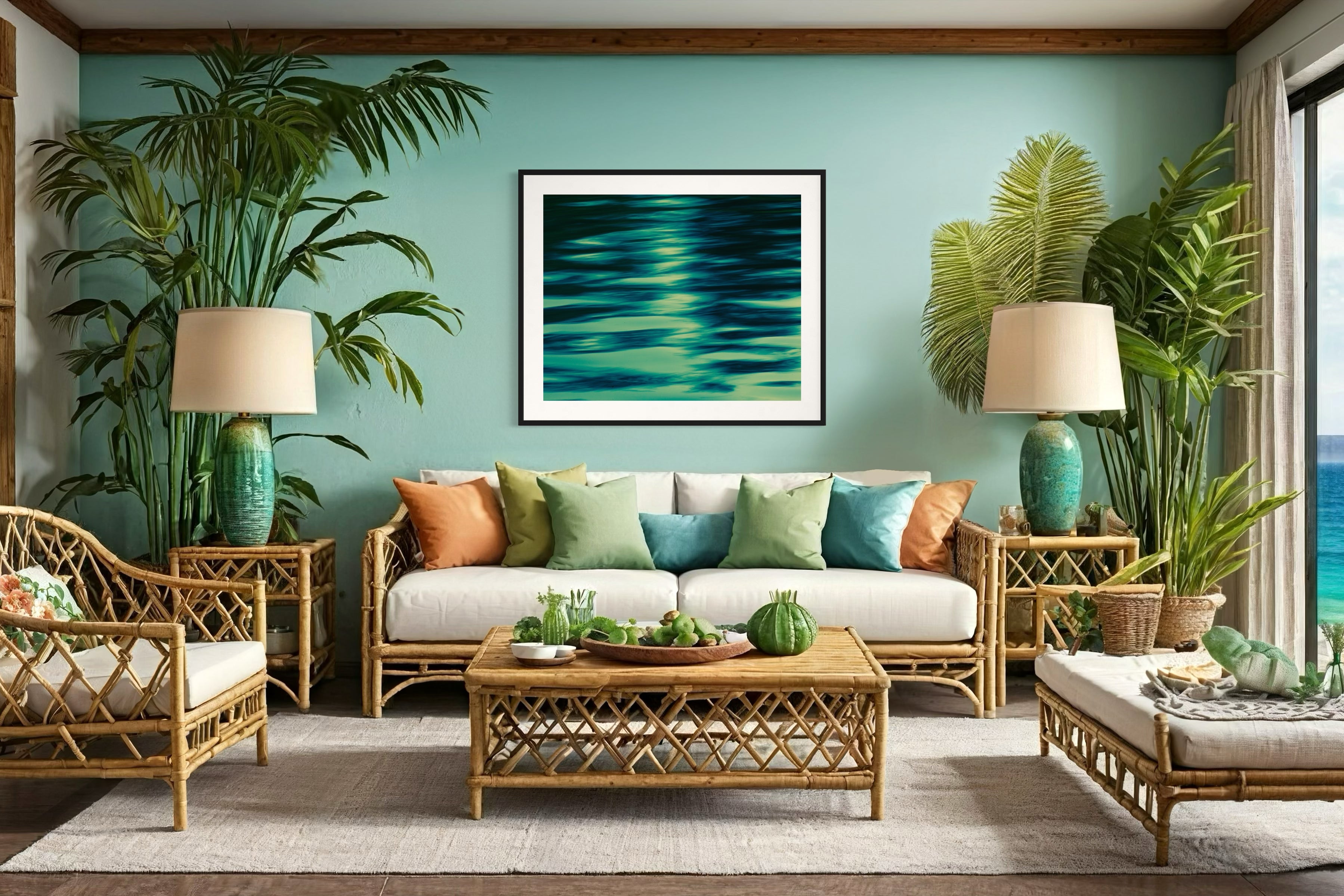 photo of abstract water in lake with blue, green and black in black frame with white matte on light teal wall in living room with wicker furniture and three tall green plants