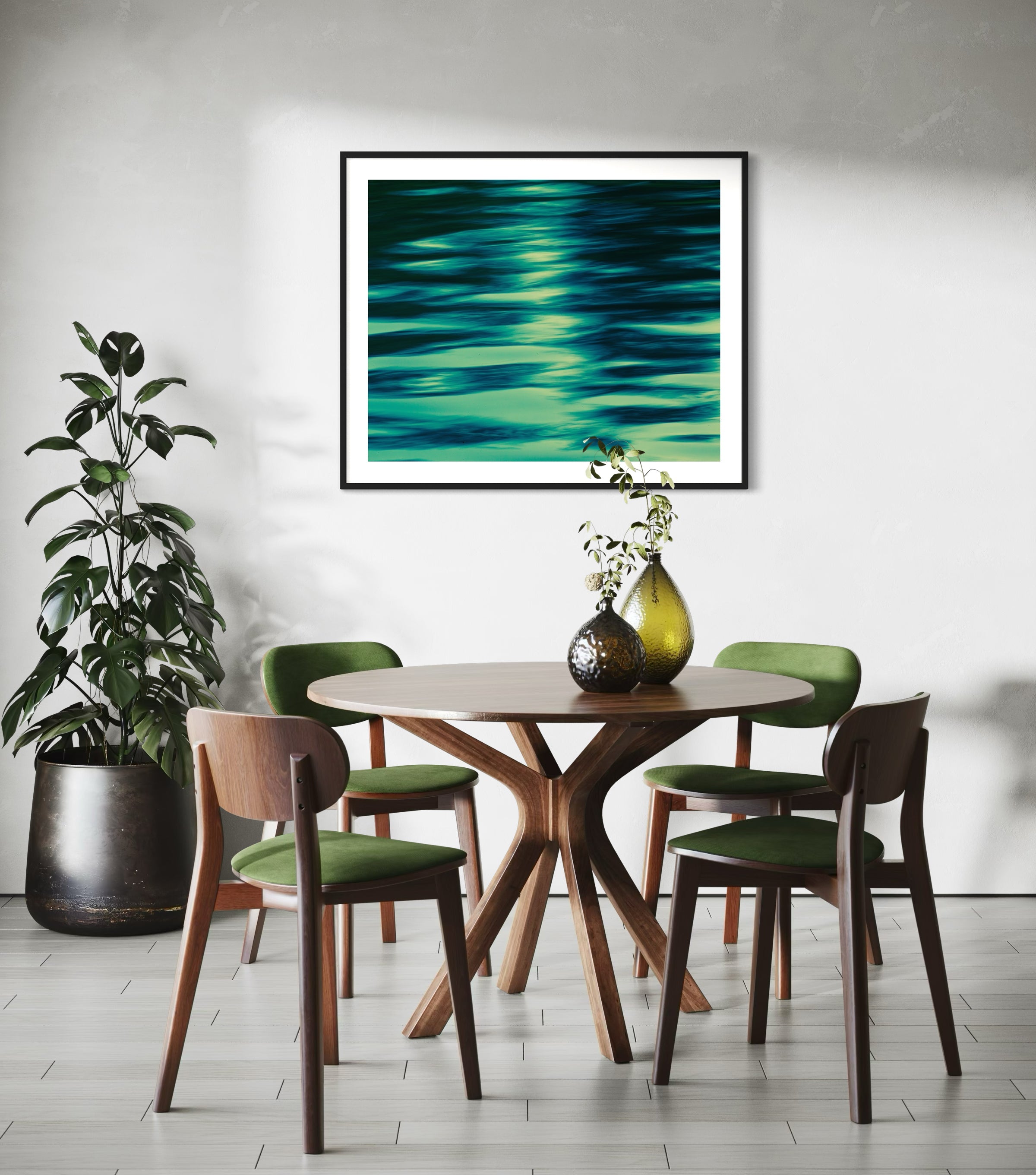 photo of abstract water in lake with blue, green and black in black frame with white matte on wall in modern minimalist breakfast area
