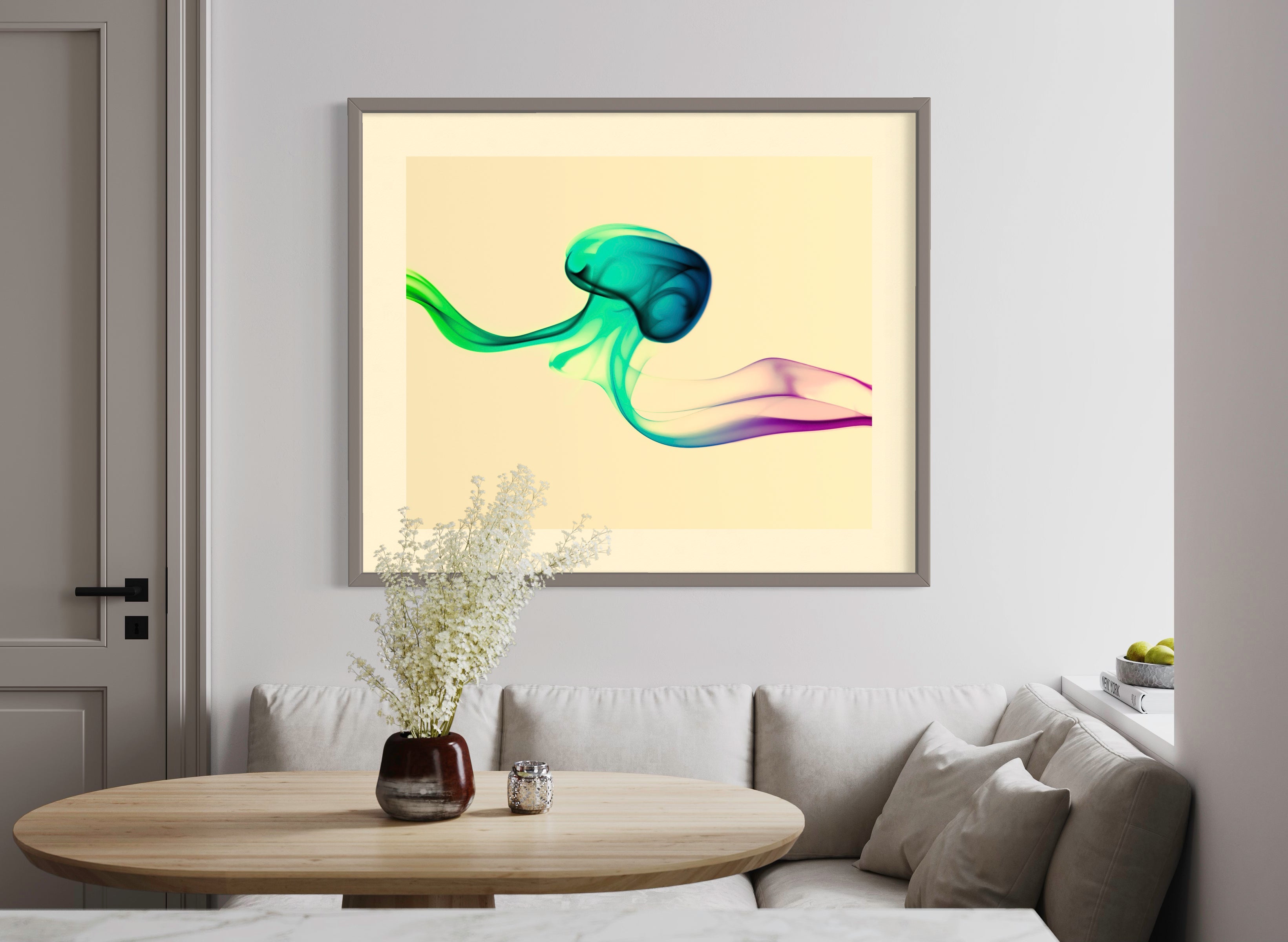 photo of abstract purple, green, blue, yellow wave at the bottom on orange overall in warm gray frame on wall in kitchen