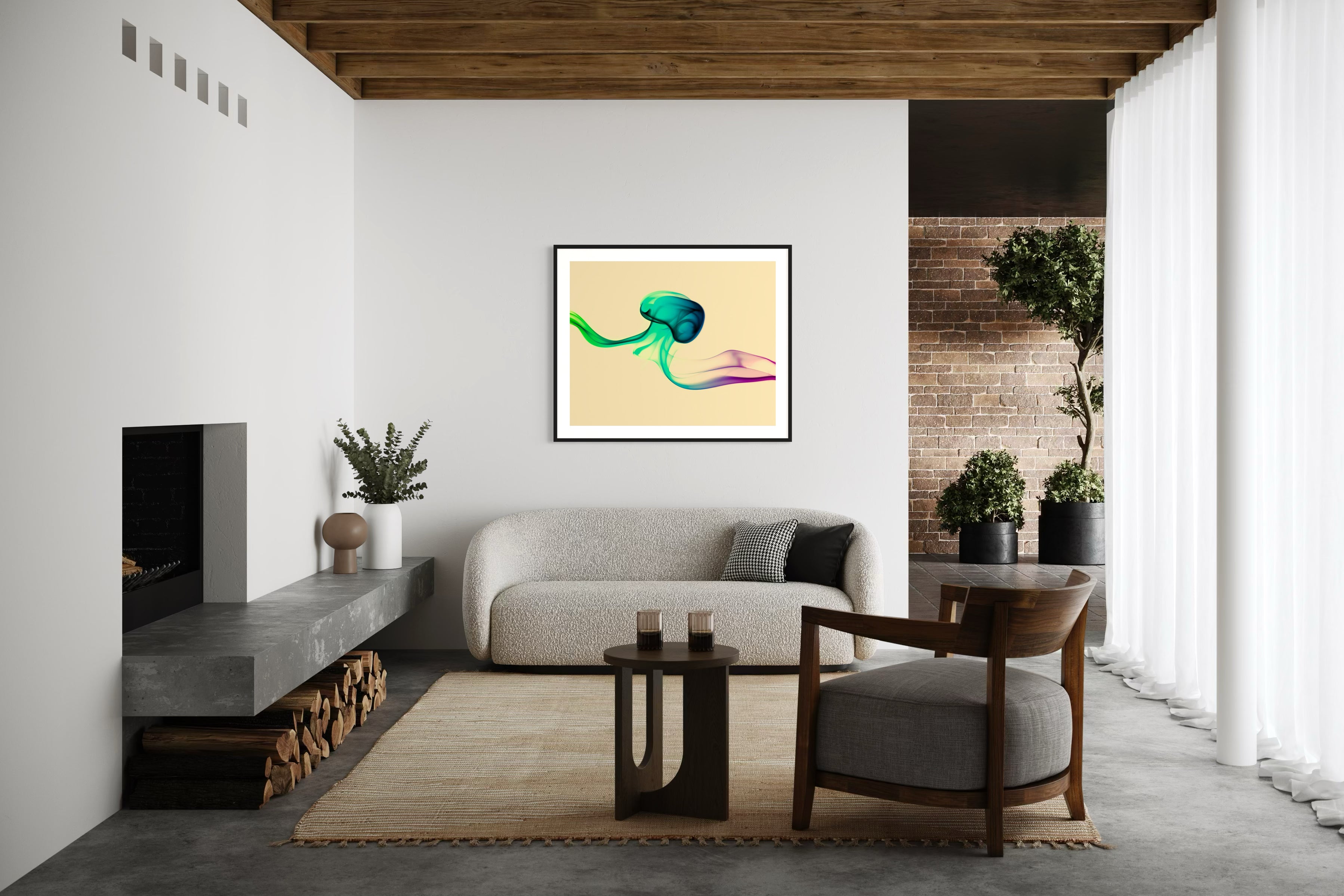 photo of abstract purple, green, blue, yellow wave at the bottom on orange overall in black frame with white matte on white wall in modern industrial style living room
