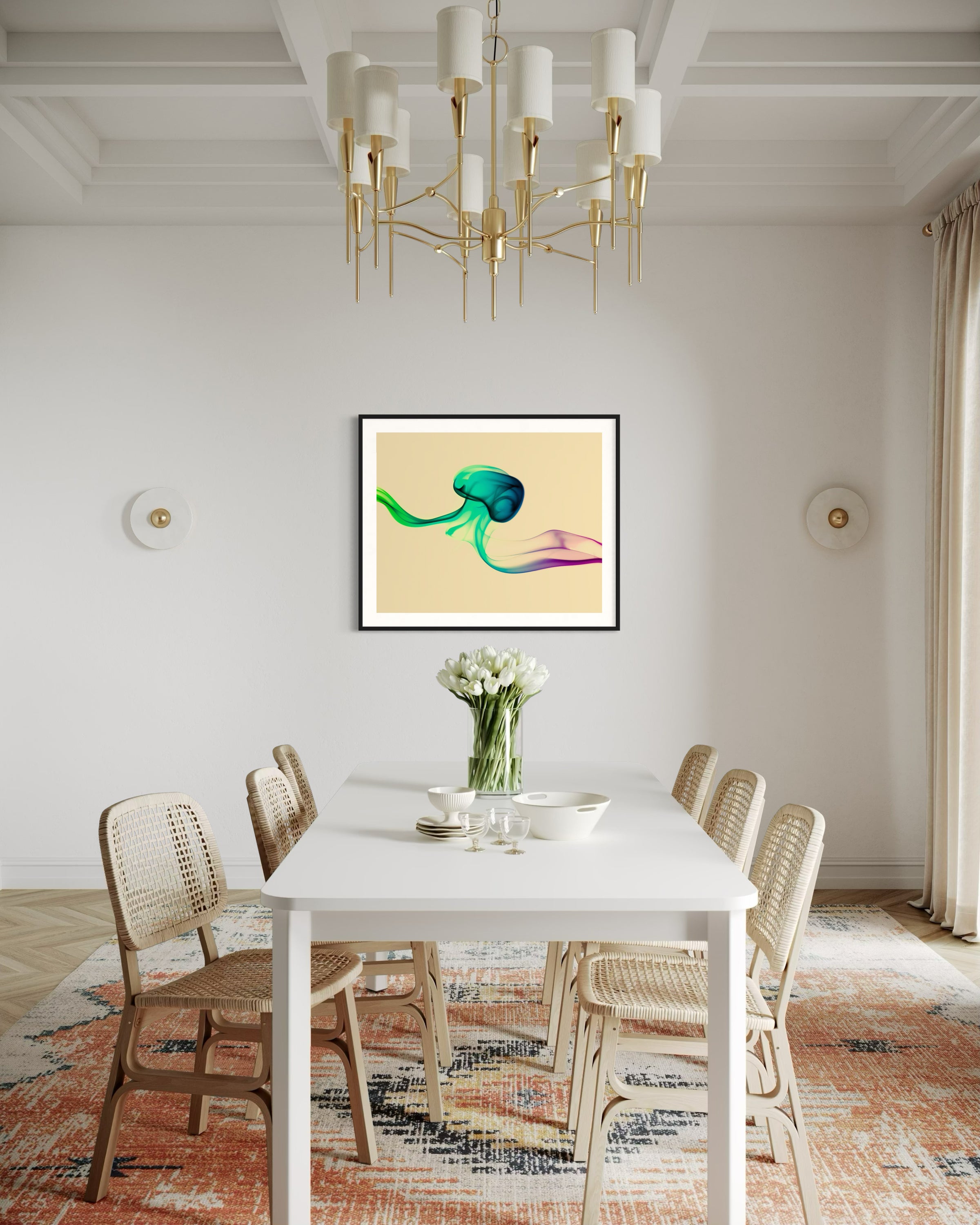 photo of abstract purple, green, blue, yellow wave at the bottom on orange overall in black frame with white matte on white wall in modern dining area 