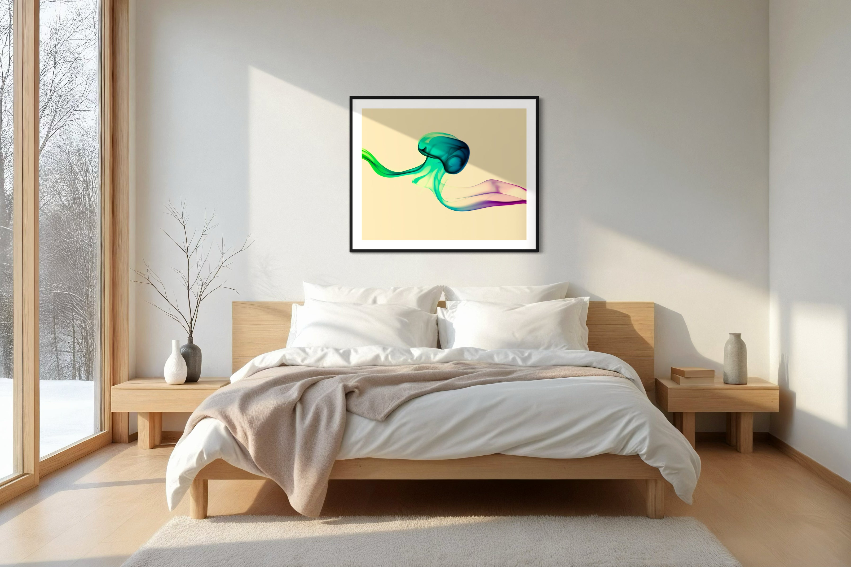 photo of abstract purple, green, blue, yellow wave at the bottom on orange overall in black frame with white matte on white wall in minimalist bedroom with light tone wood furniture  
