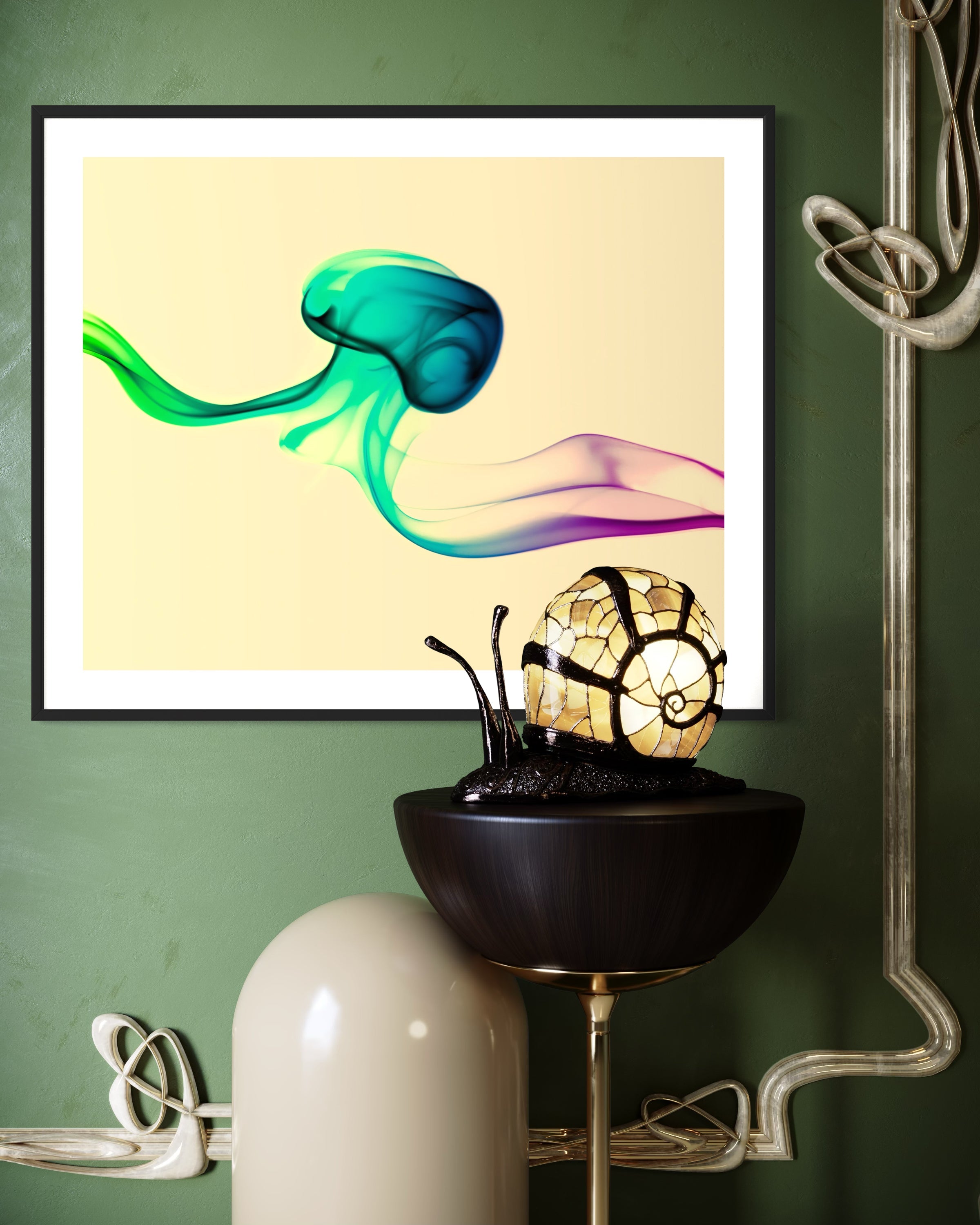 photo of abstract purple, green, blue, yellow wave at the bottom on orange overall in black frame with white matte on green wall with eclectic decor including a very large snail with mosaic shell
