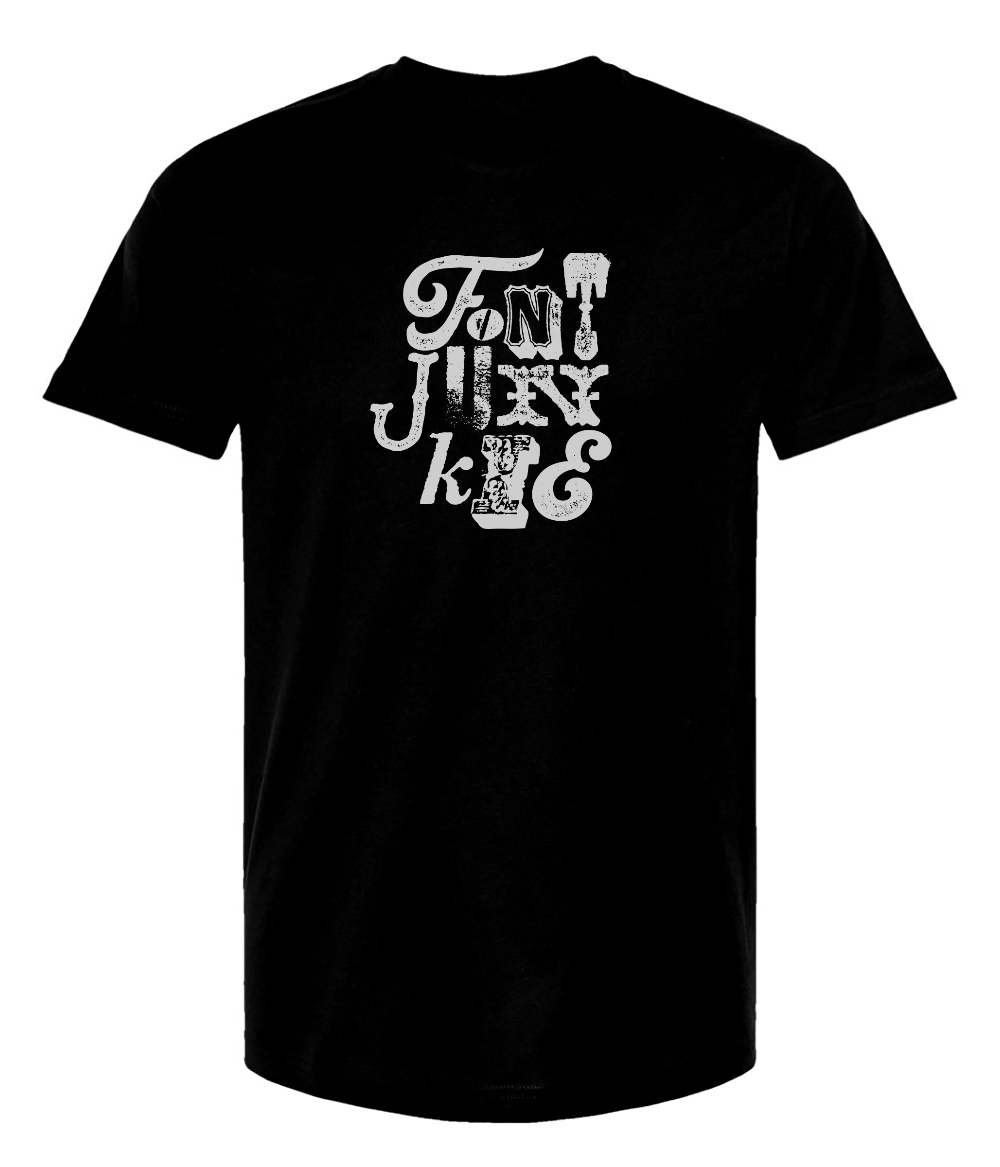 Black t-shirt with white graphic text design on a white background