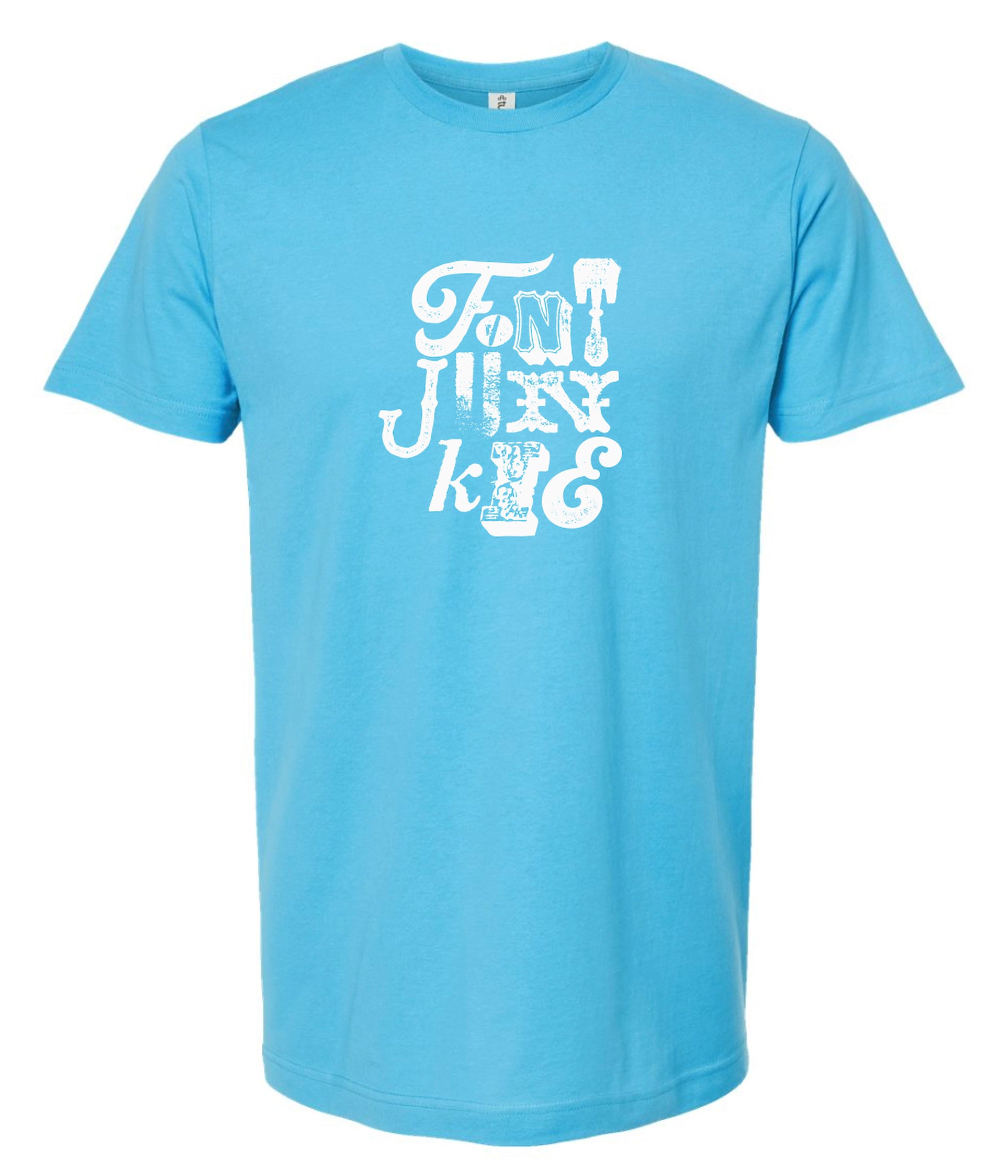 Light blue t-shirt with white graphic design on a white background