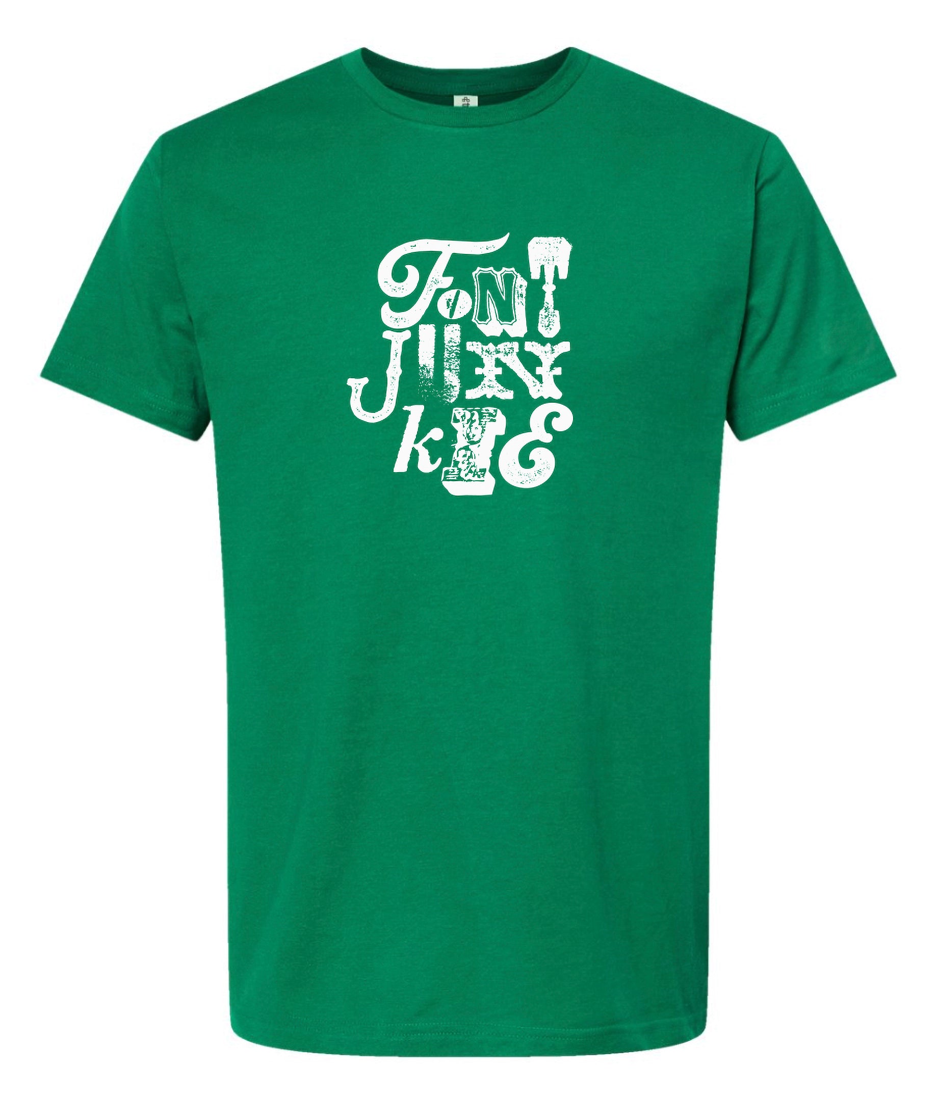 Green t-shirt with white text design on a white background
