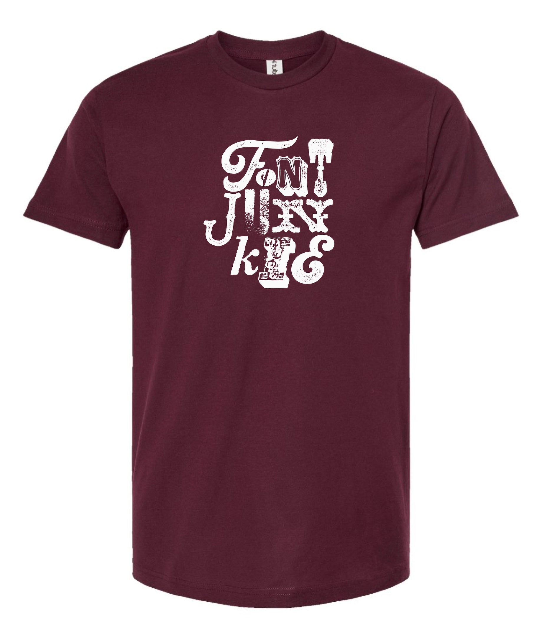 Maroon t-shirt with white graphic design on a white background