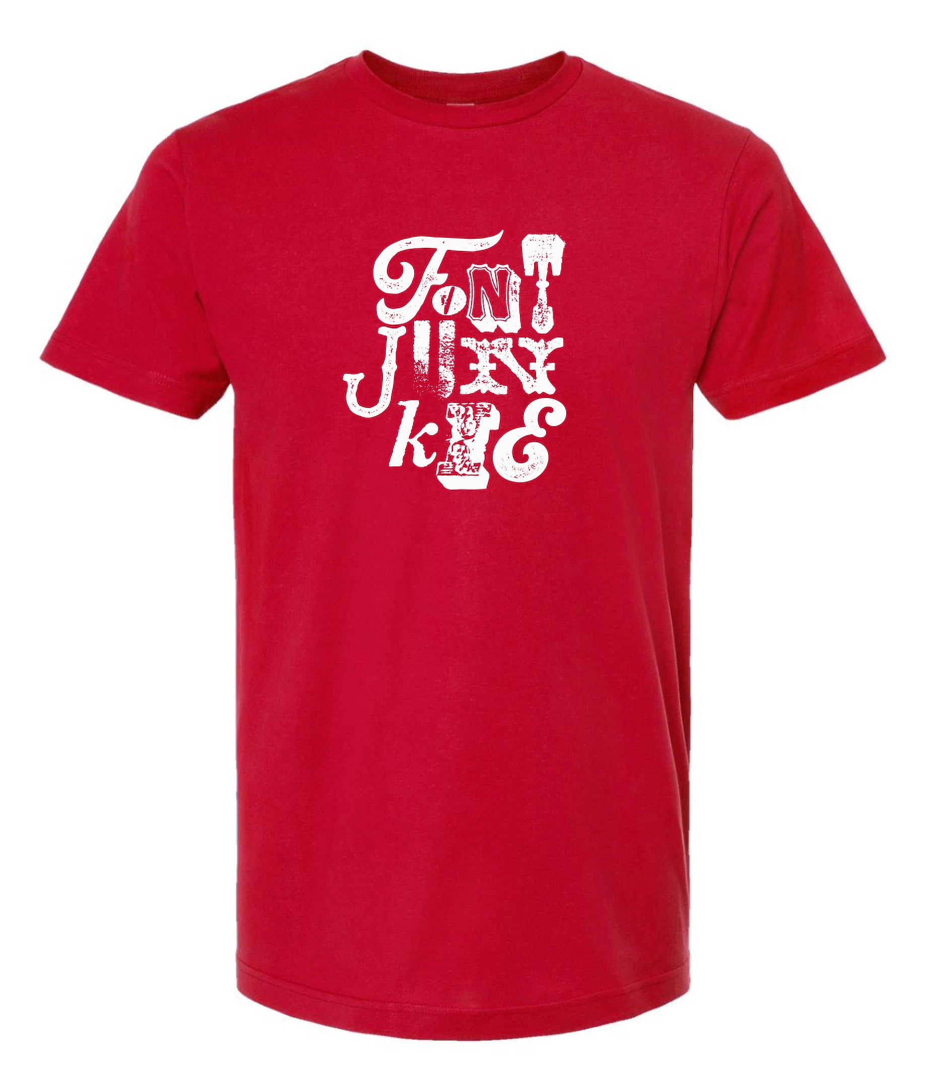 Red t-shirt with white graphic design on a white background