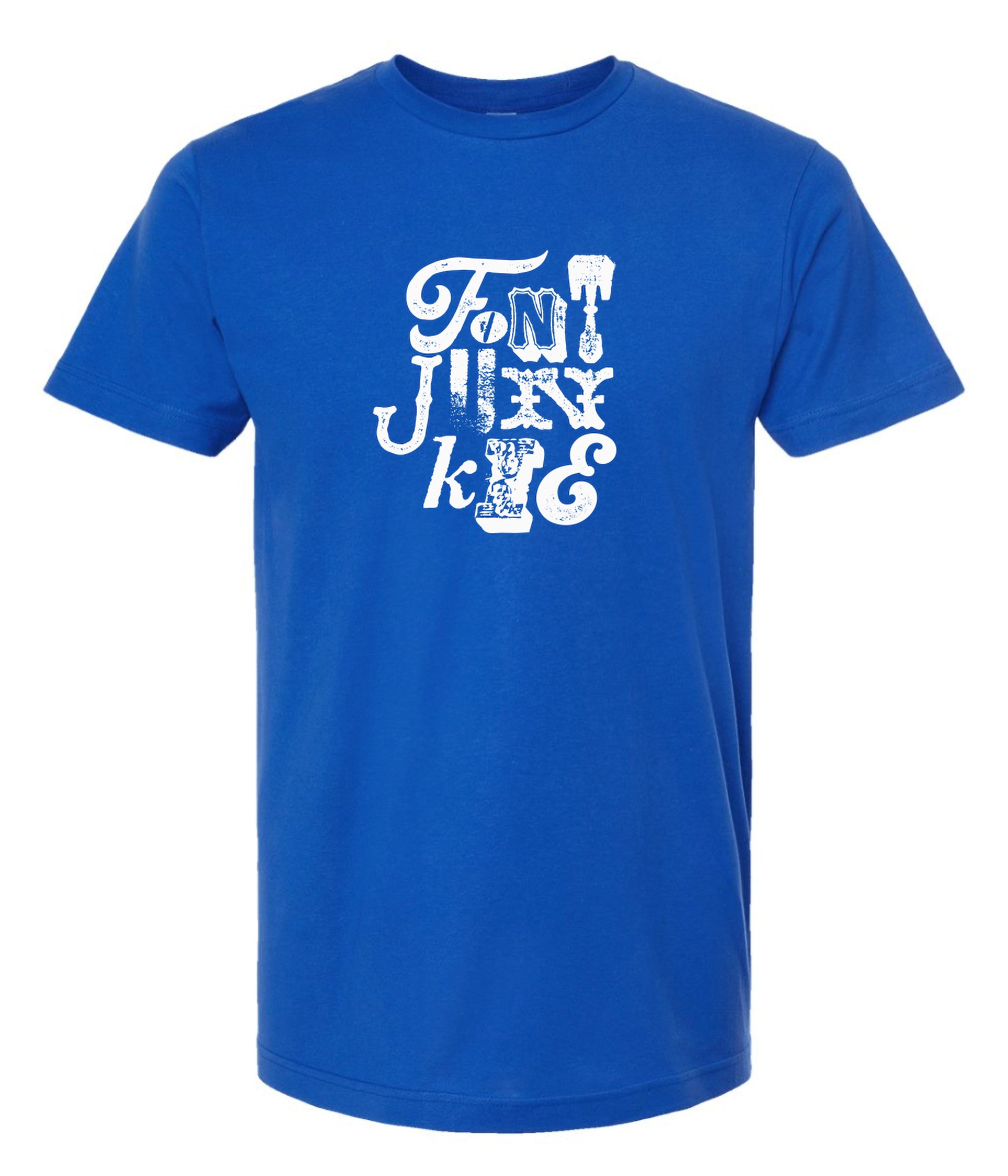 Blue t-shirt with white text on a white background