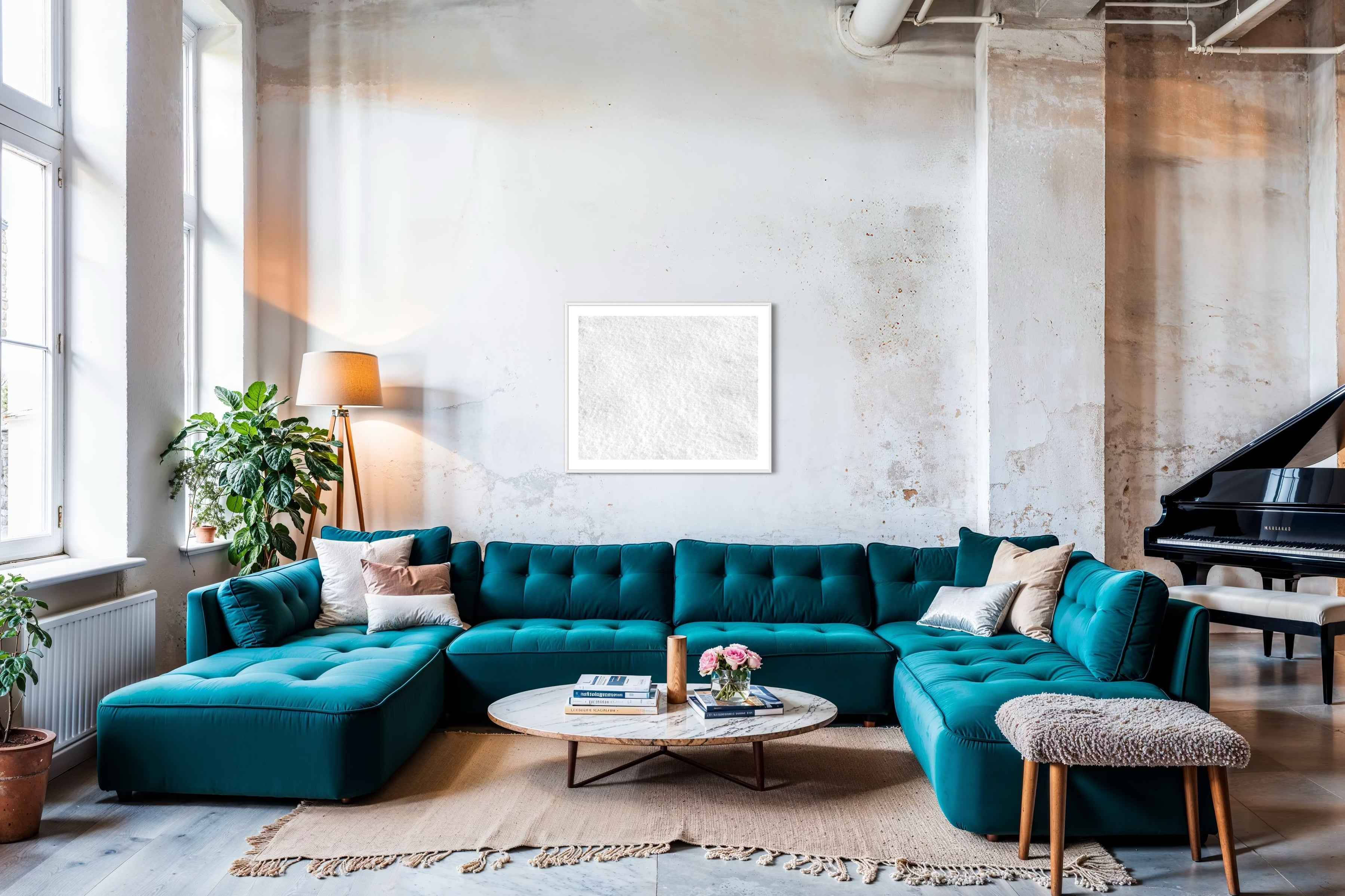 Close up photo of fresh white clean snow in white frame with white matte concrete wall in loft with very large teal couch and baby grand piano.
