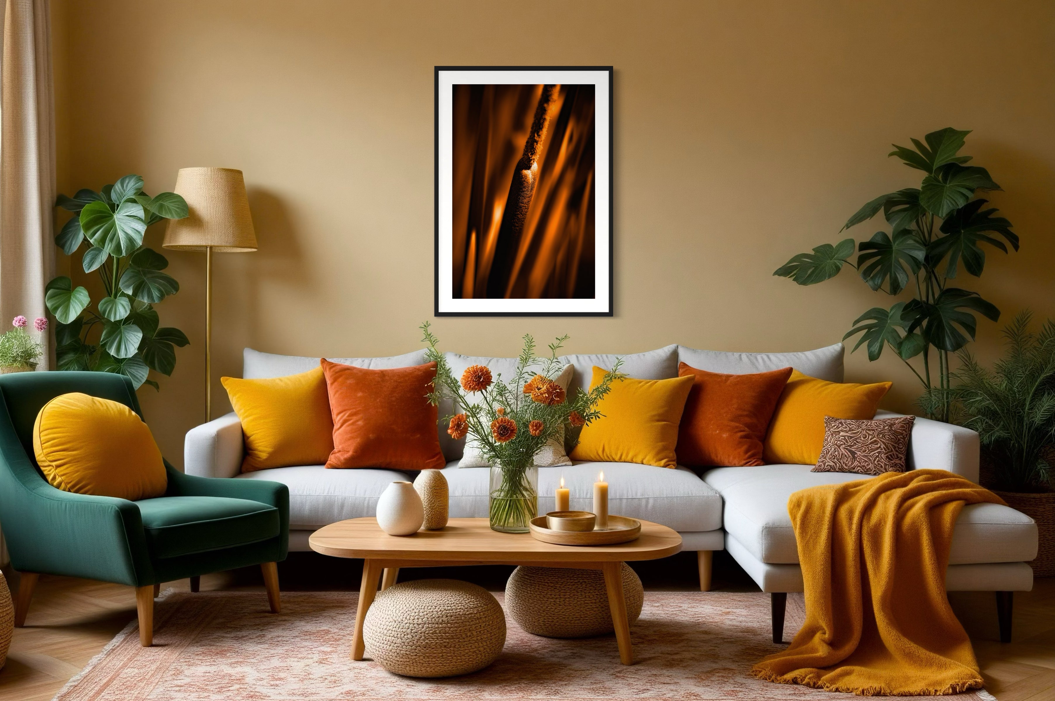 reeds in gold tone with selective focus photo in black frame with white matte on light orange wall above white couch in living room with orange, gold and green tones