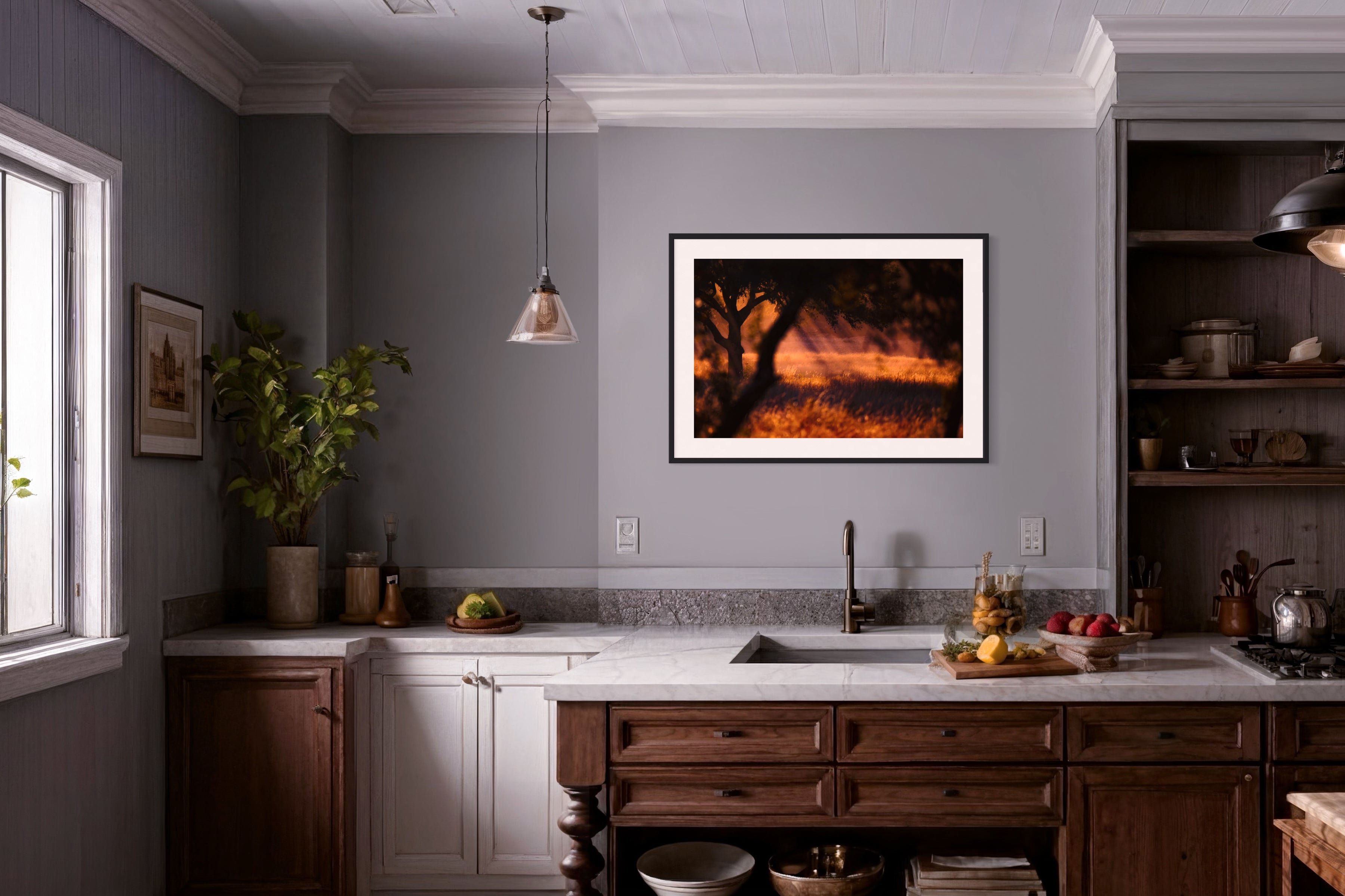 photo of rays of sunlight through the trees in black frame with off white matte in rustic kitchen with window light