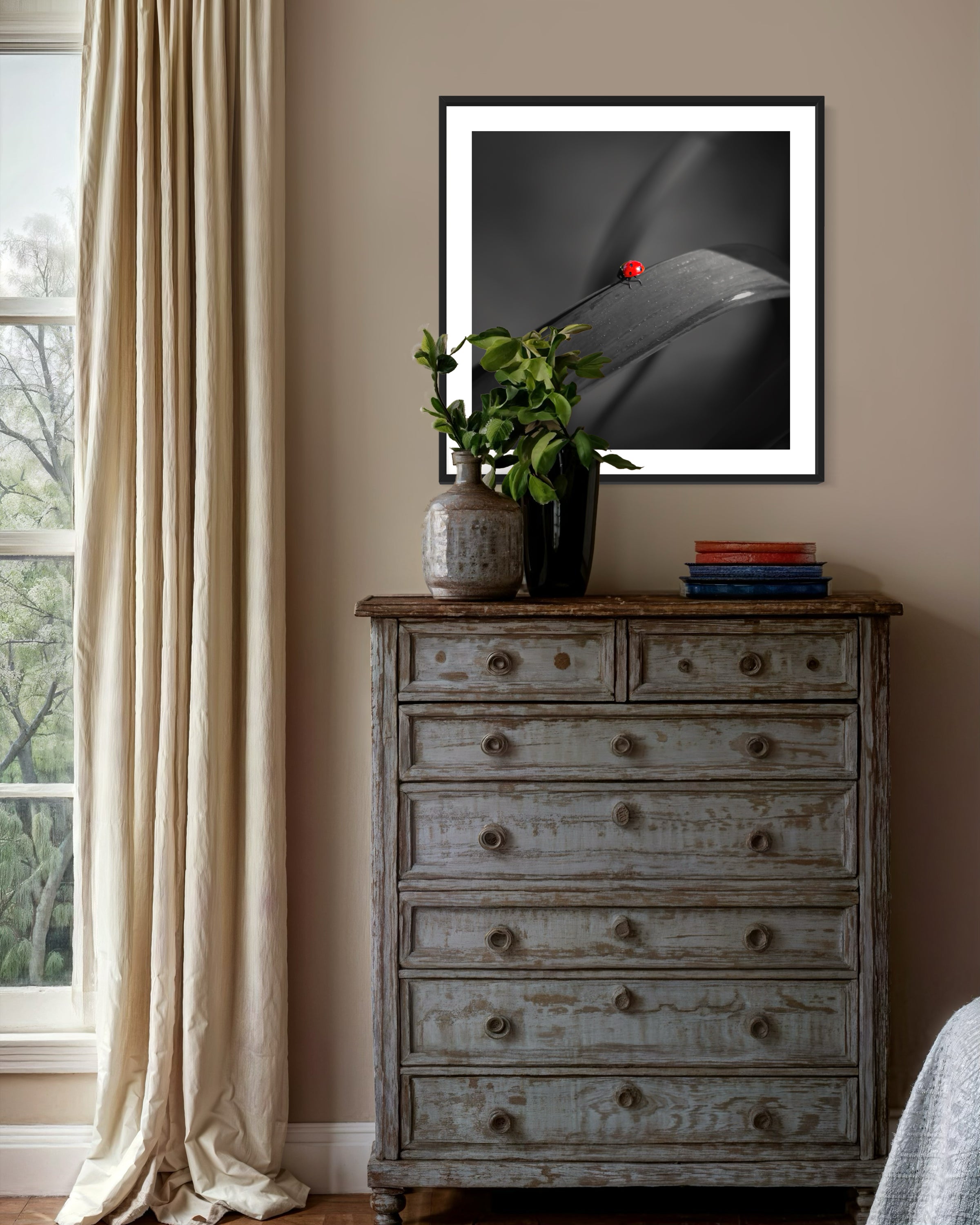 photo of Ladybug in middle of square image, everything except the Ladybug is black and white in black frame on tan wall above rustic gray furniture