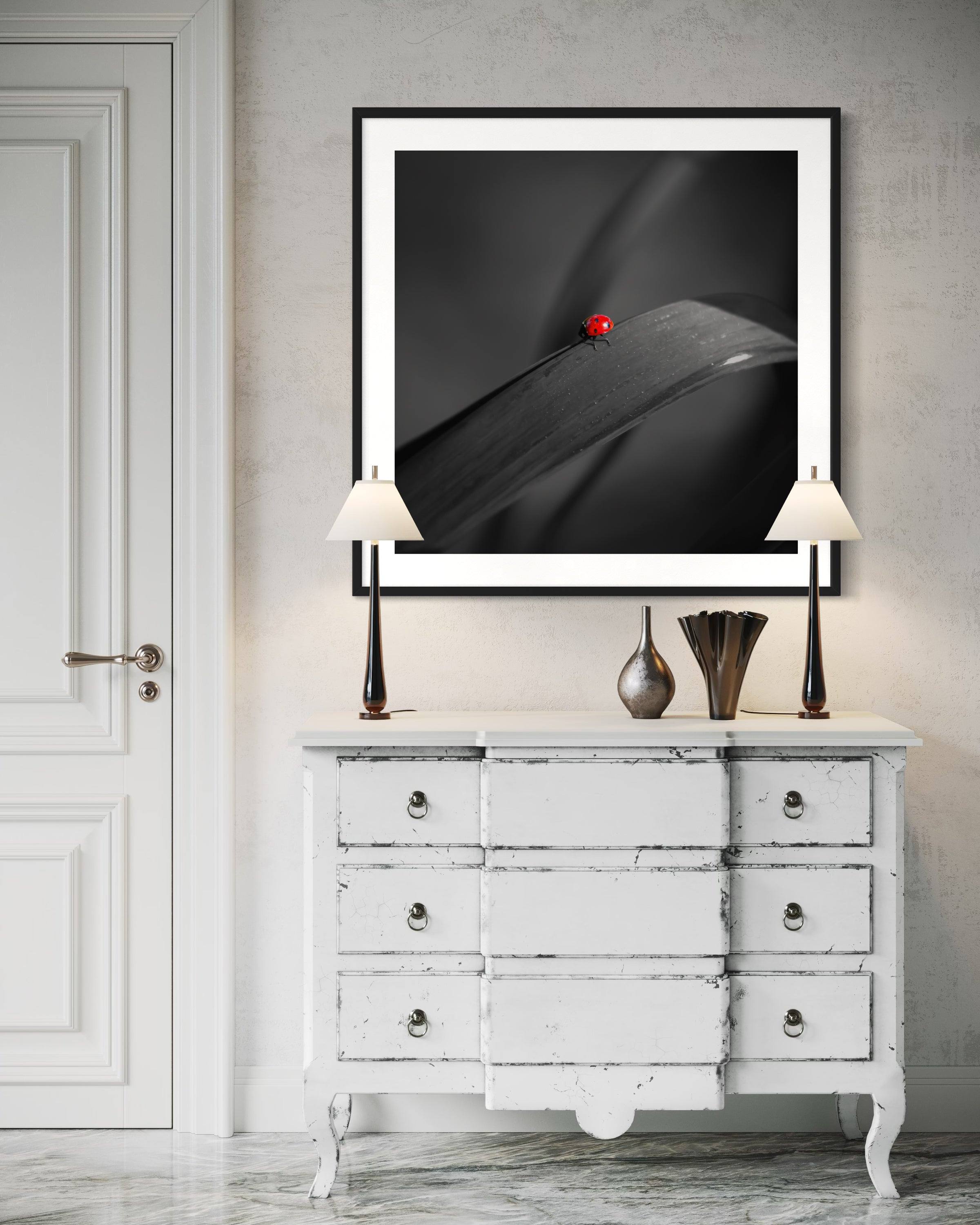 photo of Ladybug in middle of square image, everything except the Ladybug is black and white in black frame on light gray wall above rustic white furniture