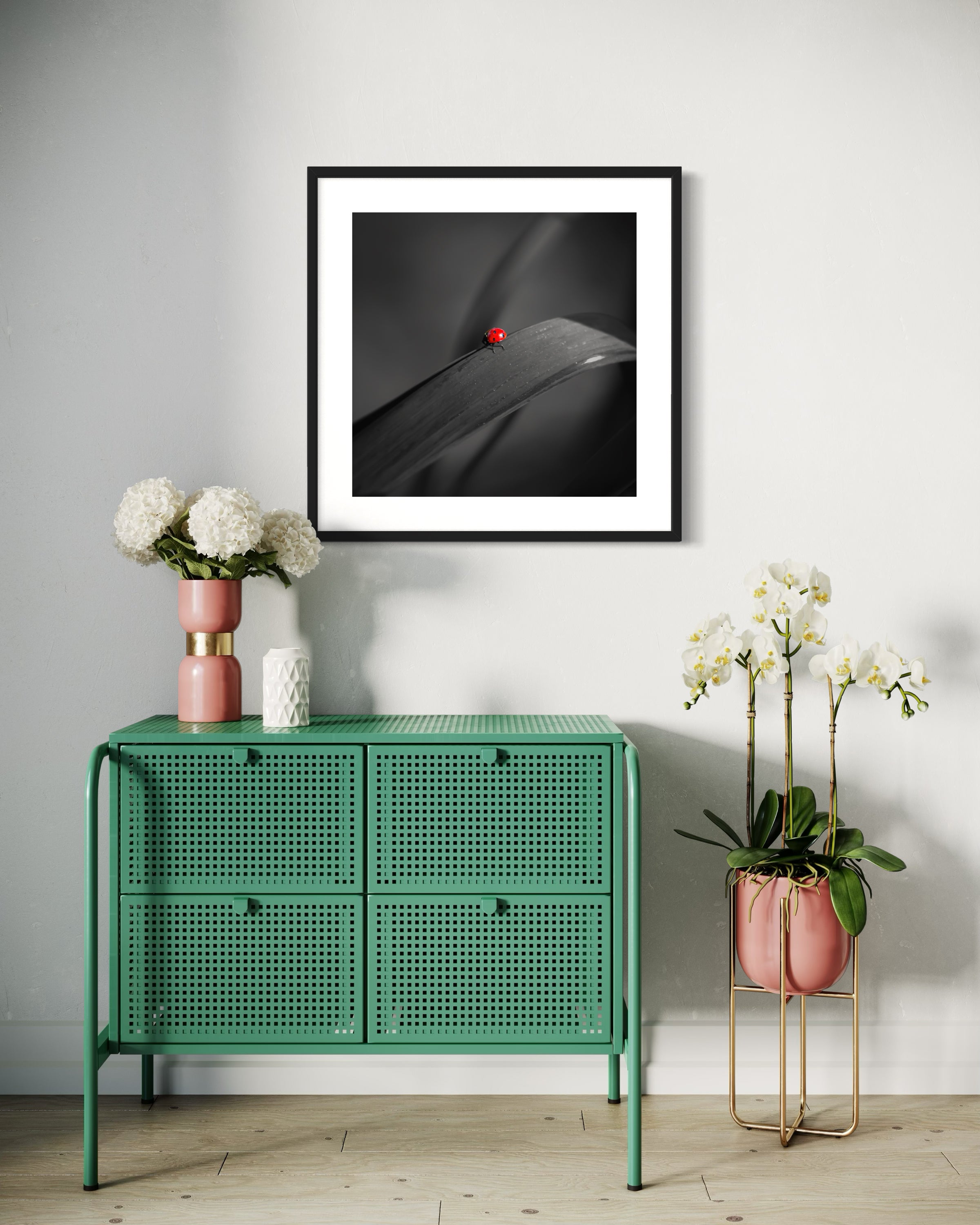 photo of Ladybug in middle of square image, everything except the Ladybug is black and white in black frame on white wall with teal table below