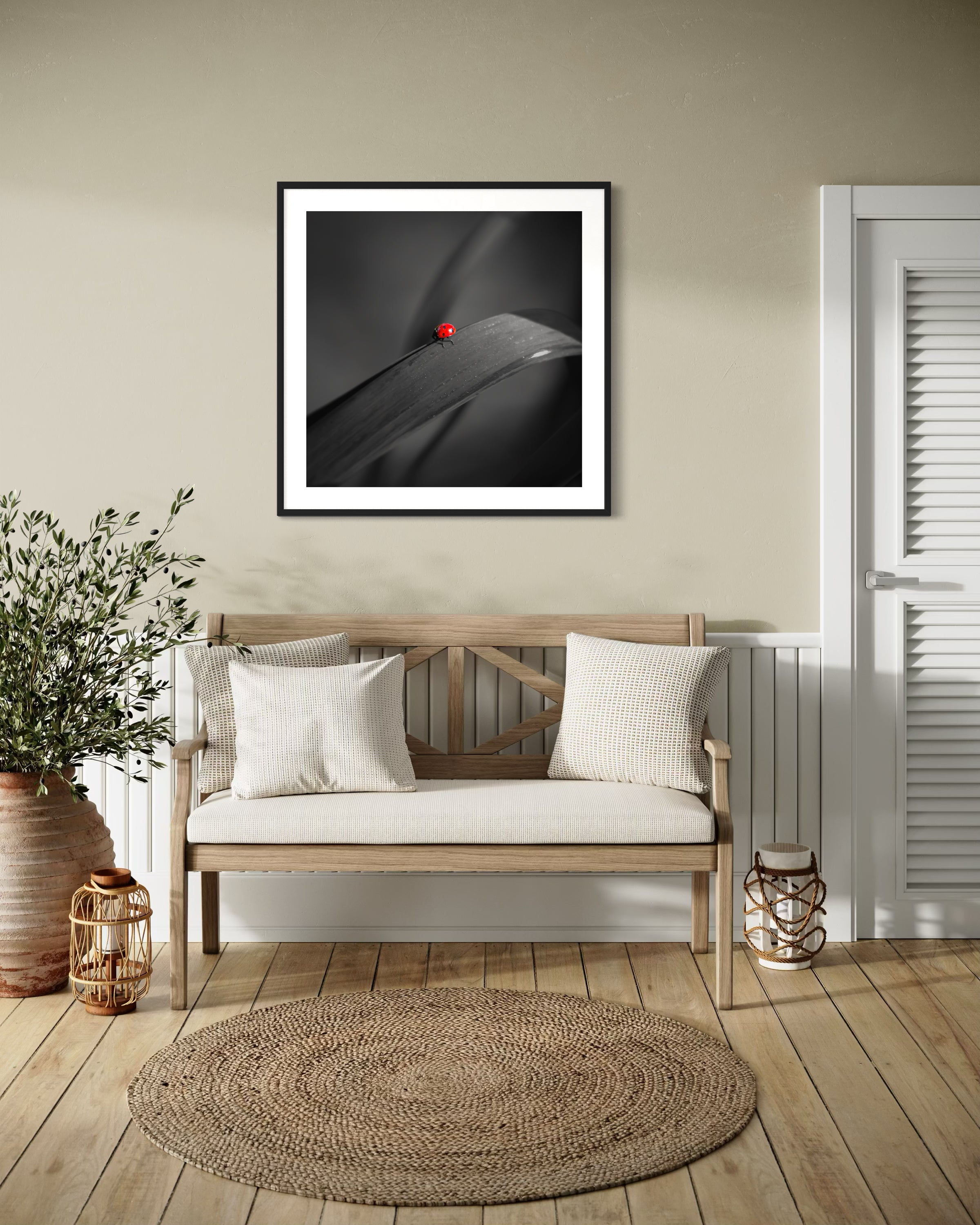 photo of Ladybug in middle of square image, everything except the Ladybug is black and white in black frame on light tan wall in beach style sitting area with wooden bench