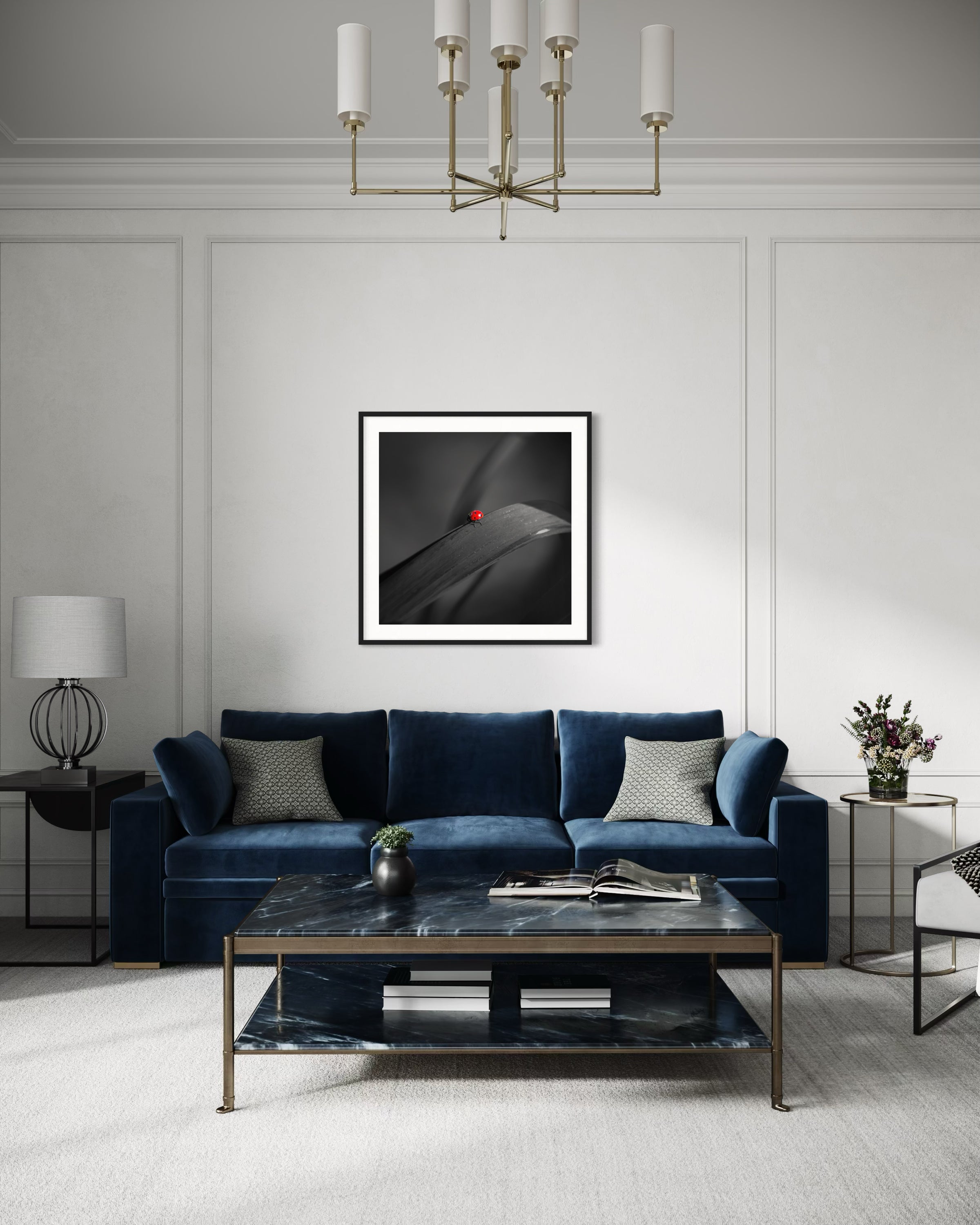 photo of Ladybug in middle of square image, everything except the Ladybug is black and white in black frame with white matte on white wall above blue couch in modern living room