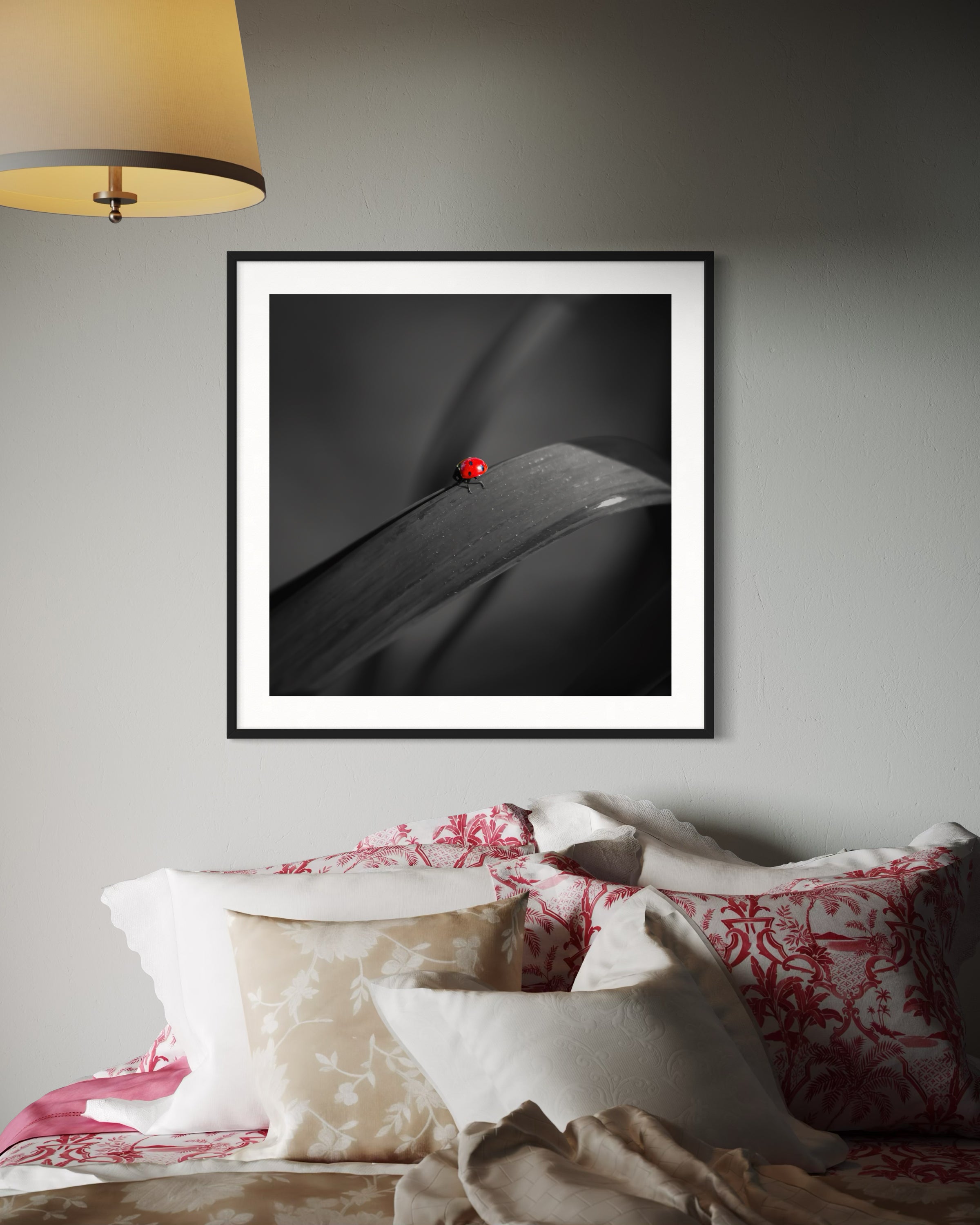 photo of Ladybug in middle of square image, everything except the Ladybug is black and white in black frame on gray wall over bed with many pillows