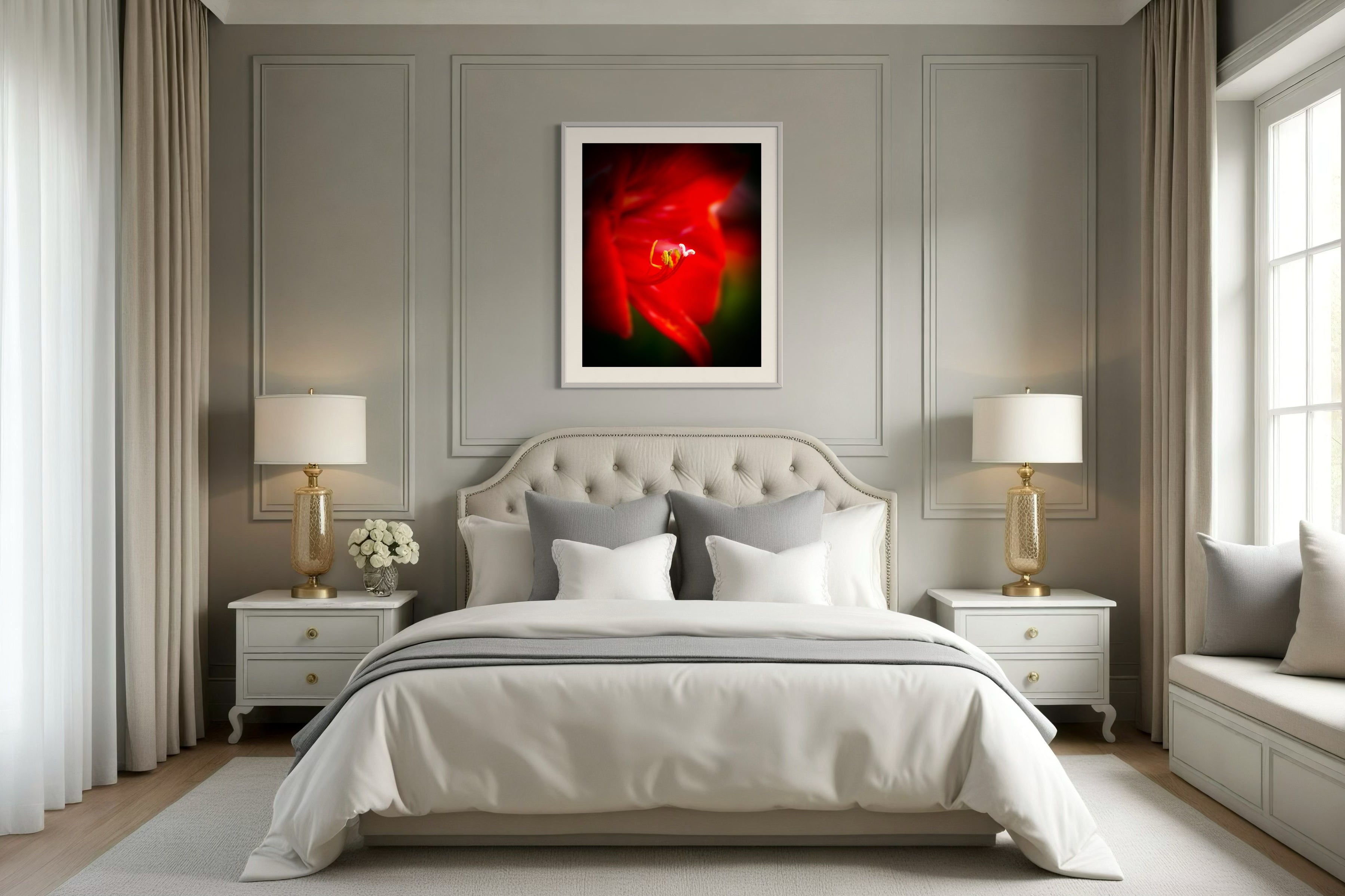 macro photo of red flower, selective focus in light gray frame on light brown wall above bed in modern bedroom with light gray tones