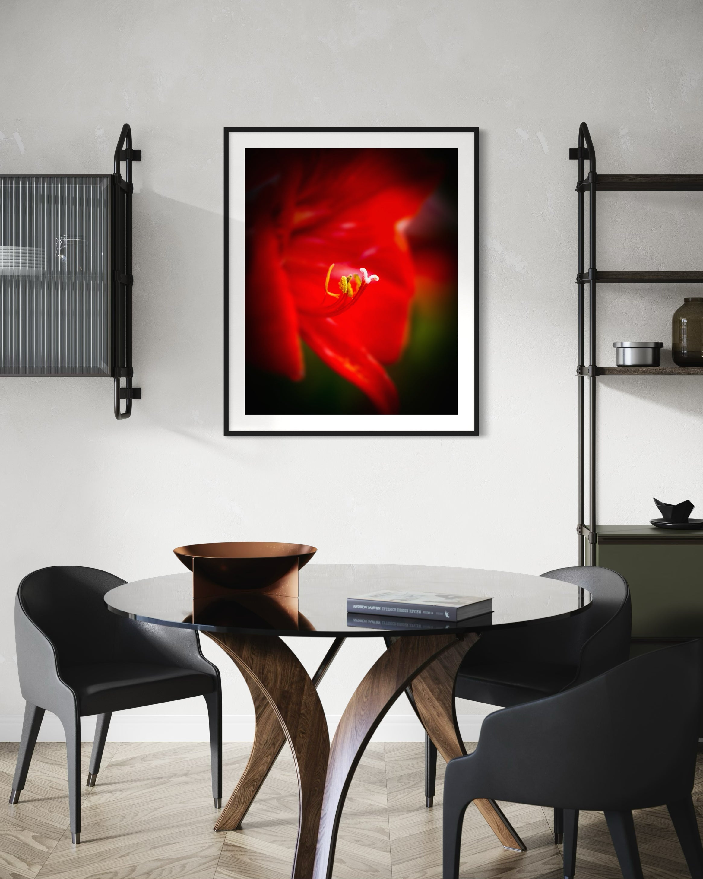 macro photo of red flower, selective focus in black frame with white matte on white wall in modern minimalist breakfast room