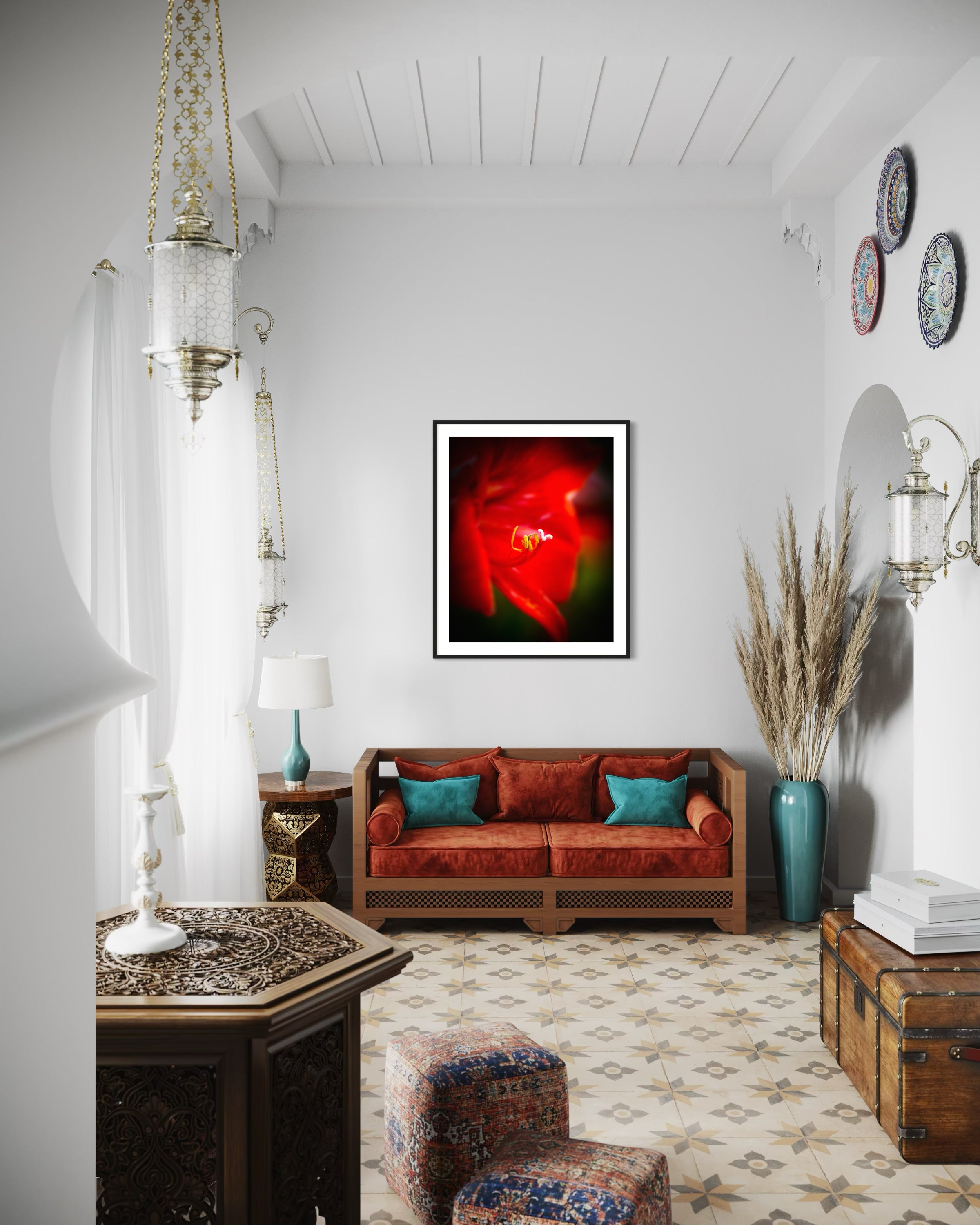 macro photo of red flower, selective focus in black frame with white matte in rustic living room
