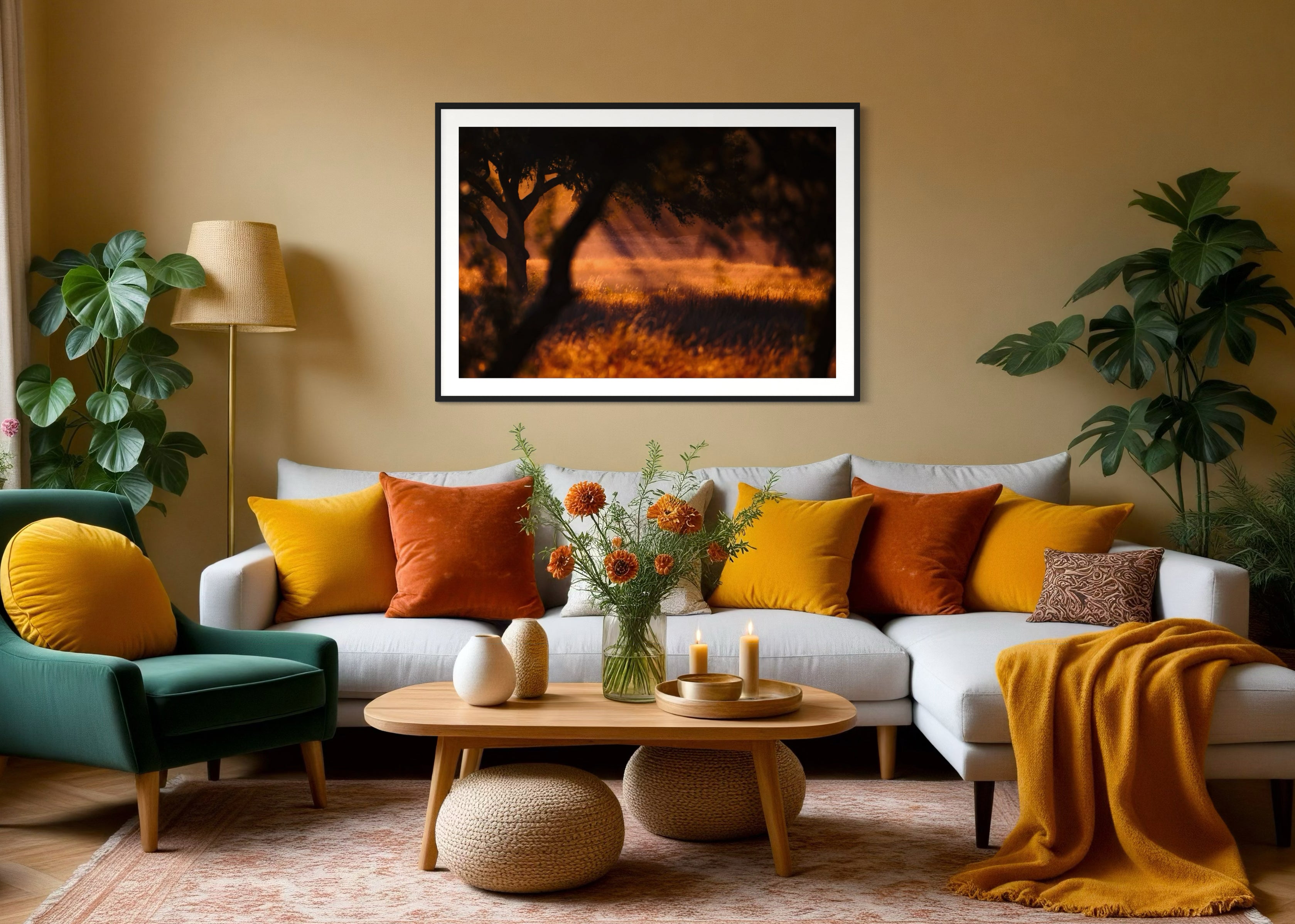 Living room with a couch, armchair, coffee table, and decorative elements.