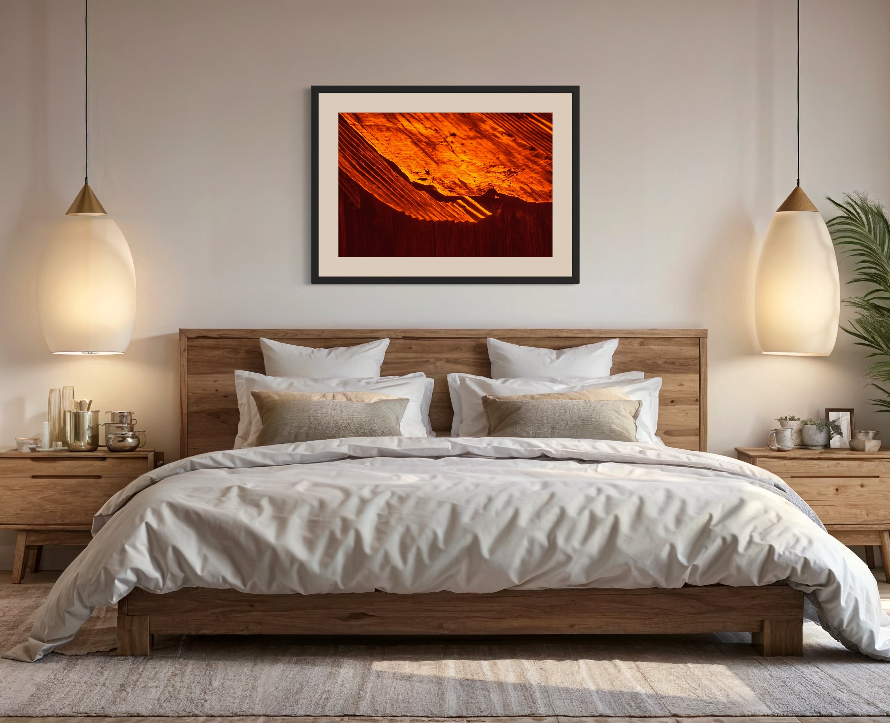 rusty old metal roof on old barn with warm tones photo in black frame on wall in modern rustic bedroom