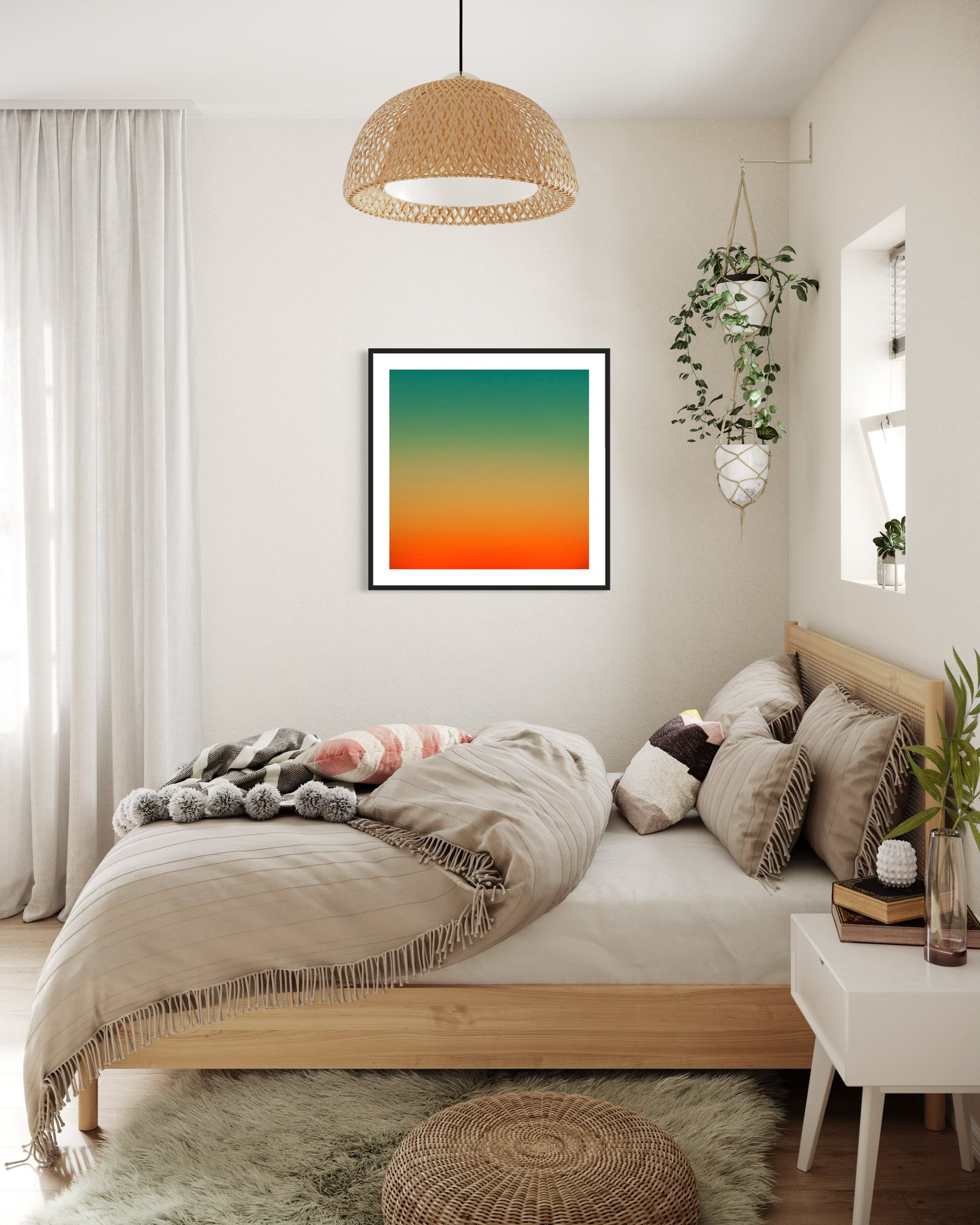 photo, gradient top to bottom teal blue, pale yellow and then orange in black frame with off white matte on white wall in Scandinavian style bedroom 