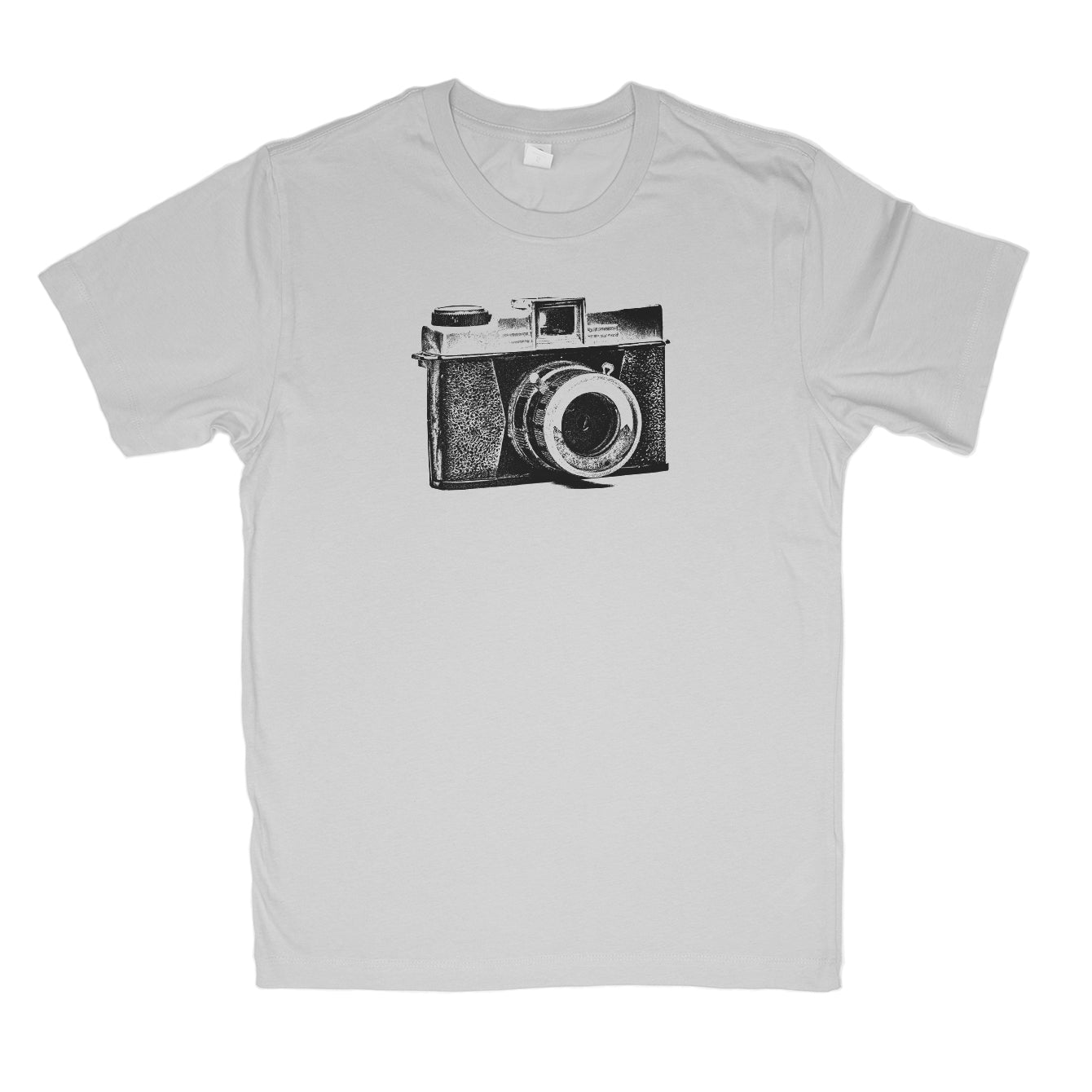 Gray t-shirt with a black camera graphic on a white background
