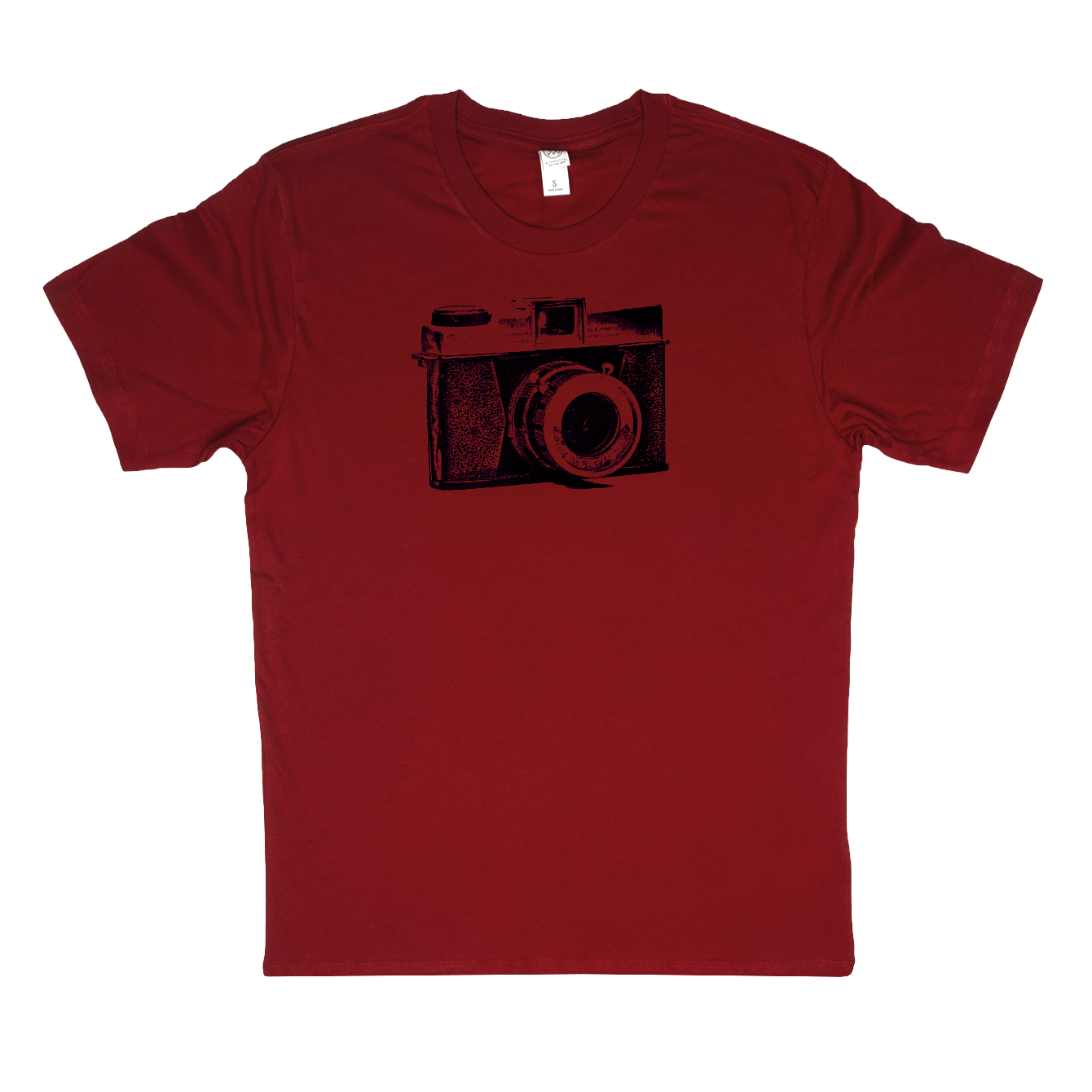 Red t-shirt with a black camera graphic on a white background