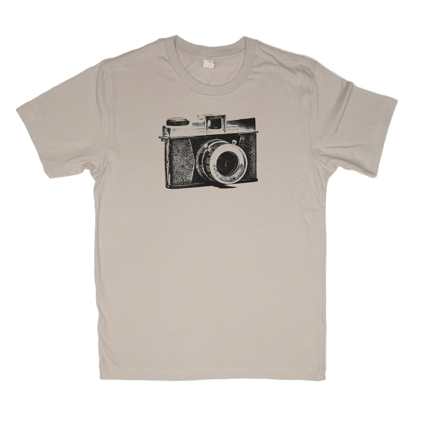 Beige t-shirt with a black camera graphic on a white background
