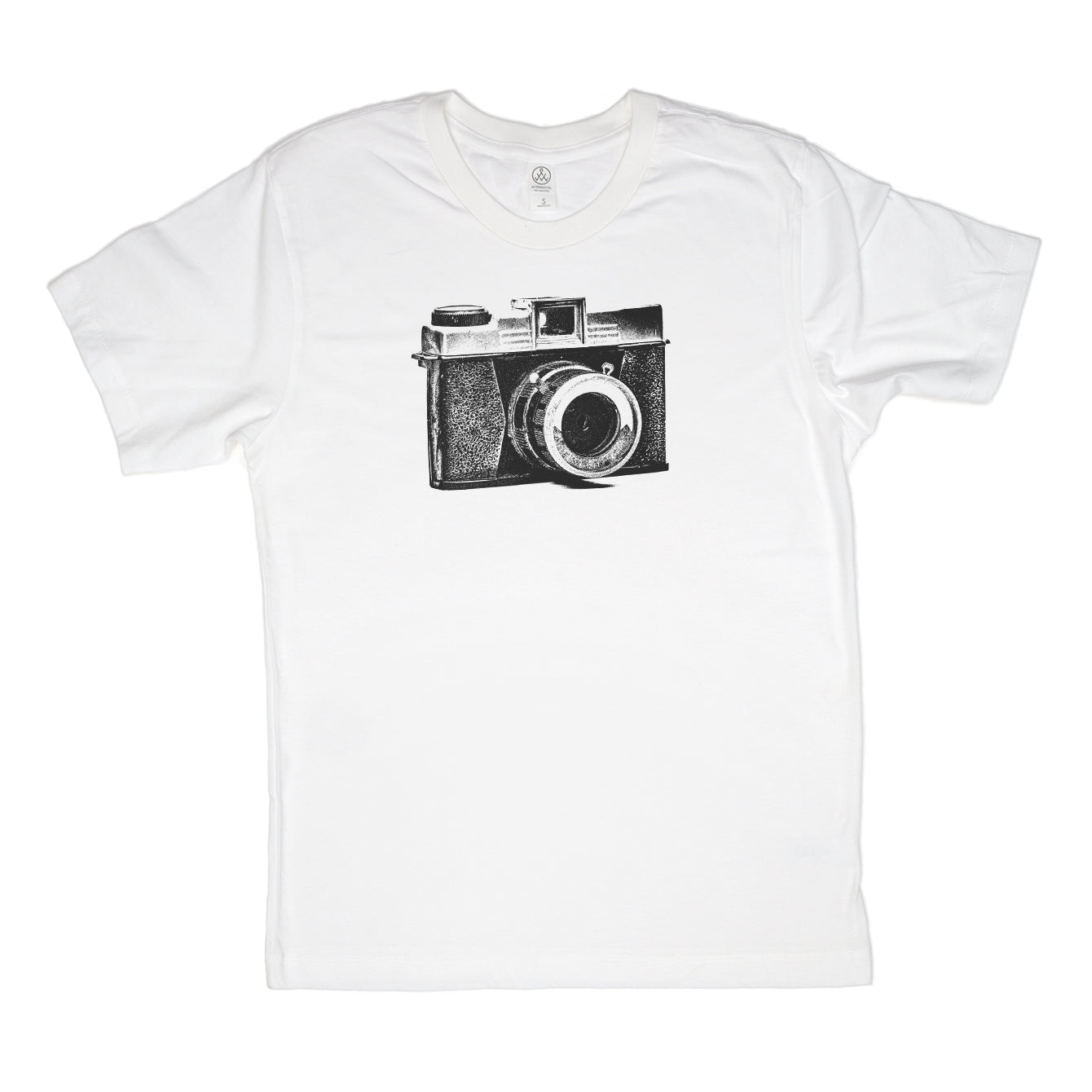 White t-shirt with a black camera graphic on a white background