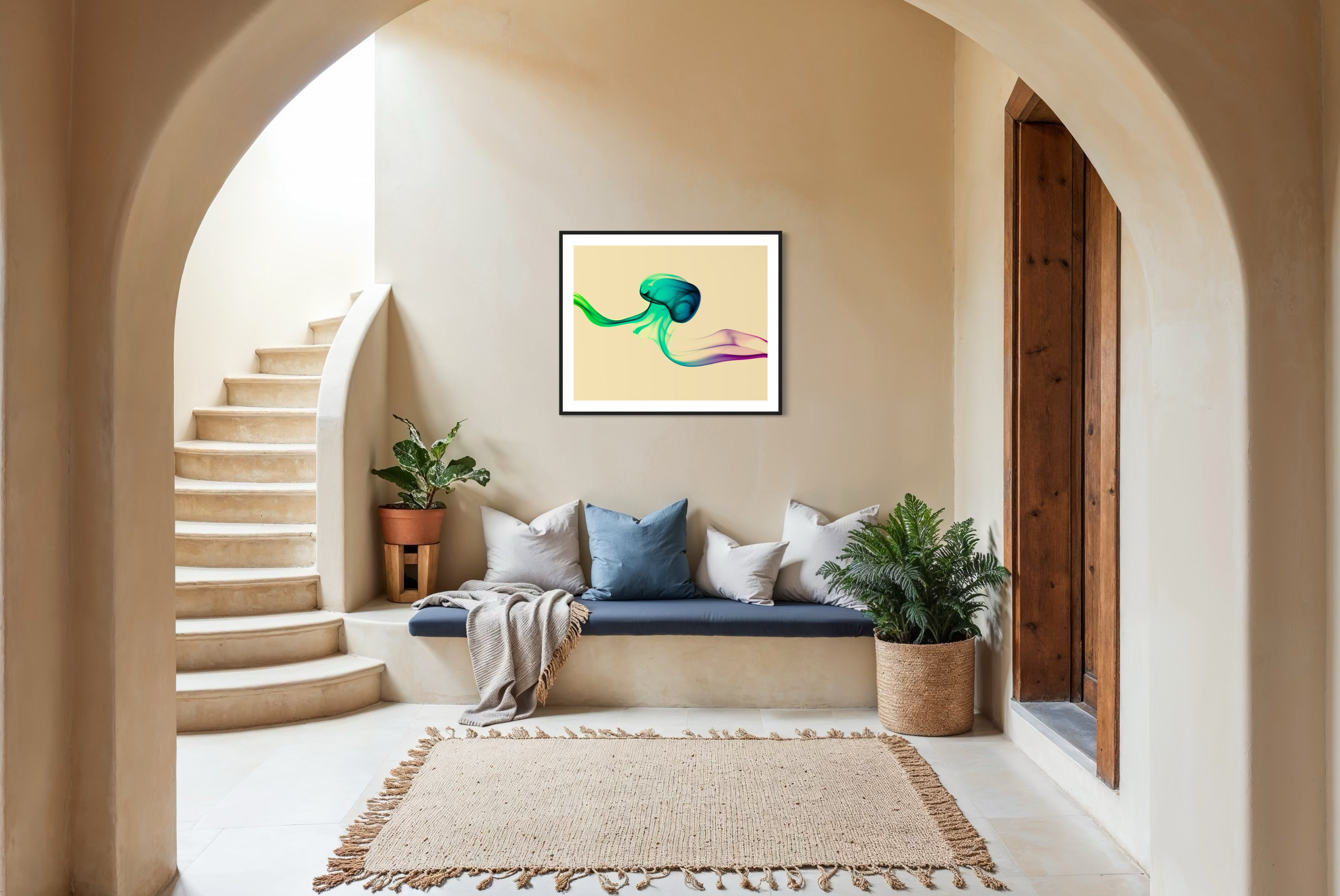 photo of abstract purple, green, blue, yellow wave at the bottom on orange overall in black frame with white matte tan wall in Mediterranean style sitting area with earth tones