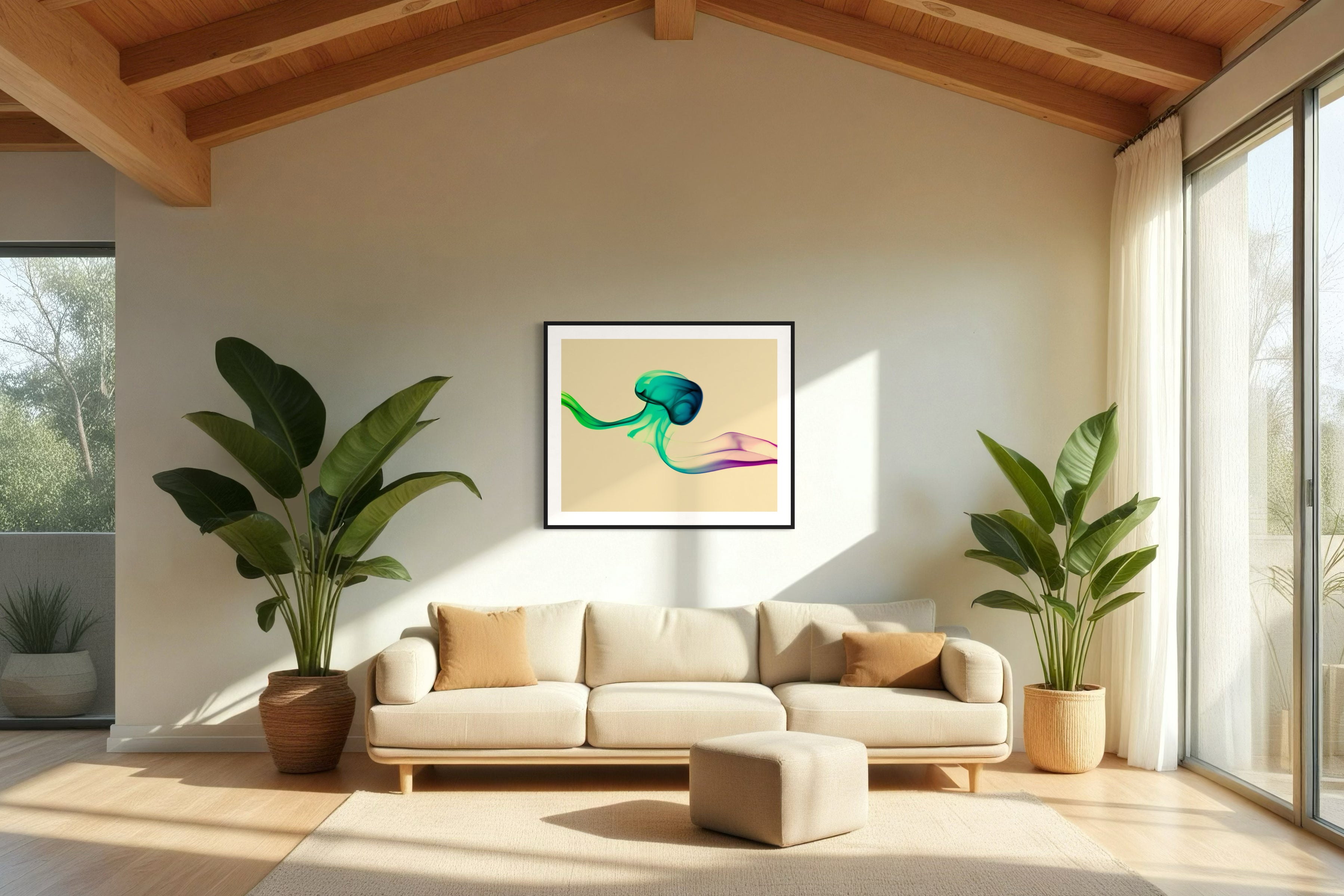 photo of abstract purple, green, blue, yellow wave at the bottom on orange overall in black frame with white matte on white wall in living room with earth tones, tan couch, large plants on either side and exposed beams in the ceiling