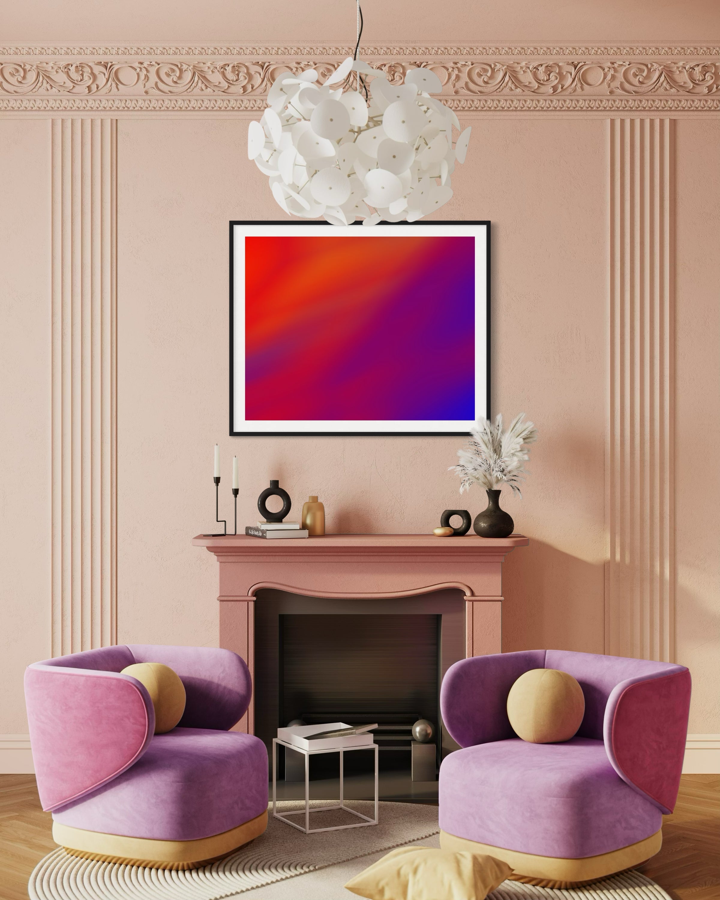 Modern living room with pink chairs, a fireplace, and abstract art on the wall.