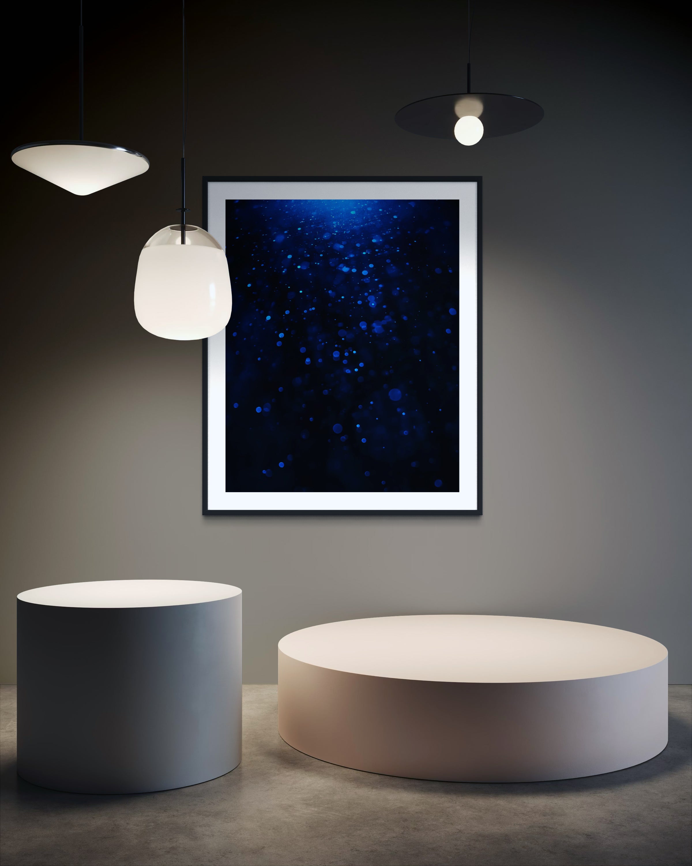 sci fi space looking photo as if close to the exterior of a space ship, blue tone, in black frame with white matte on gray wall in modern sitting area