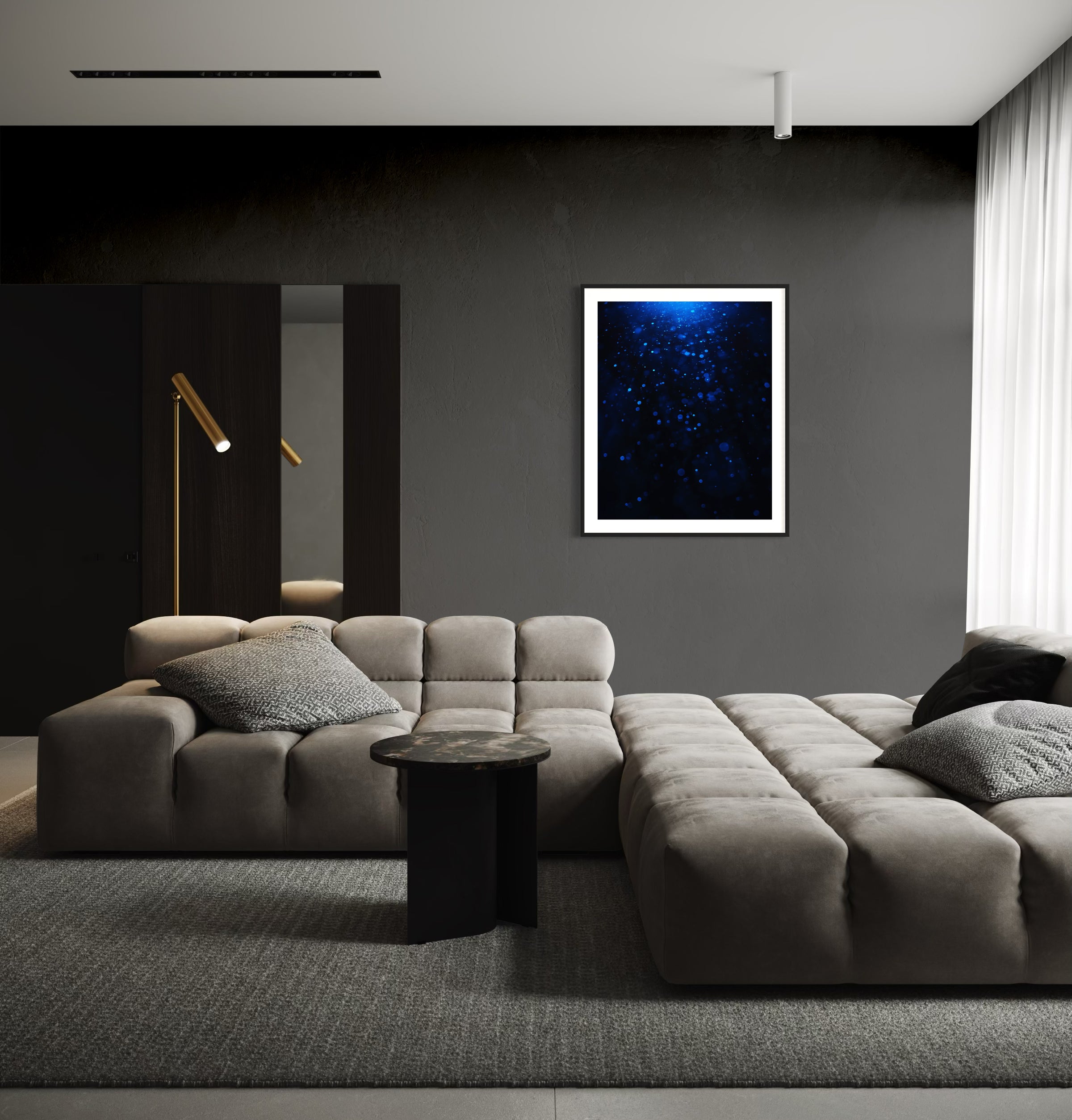 sci fi space looking photo as if close to the exterior of a space ship, blue tone, in black frame with white matte on charcoal gray wall in modern living room with big couch and gray tones