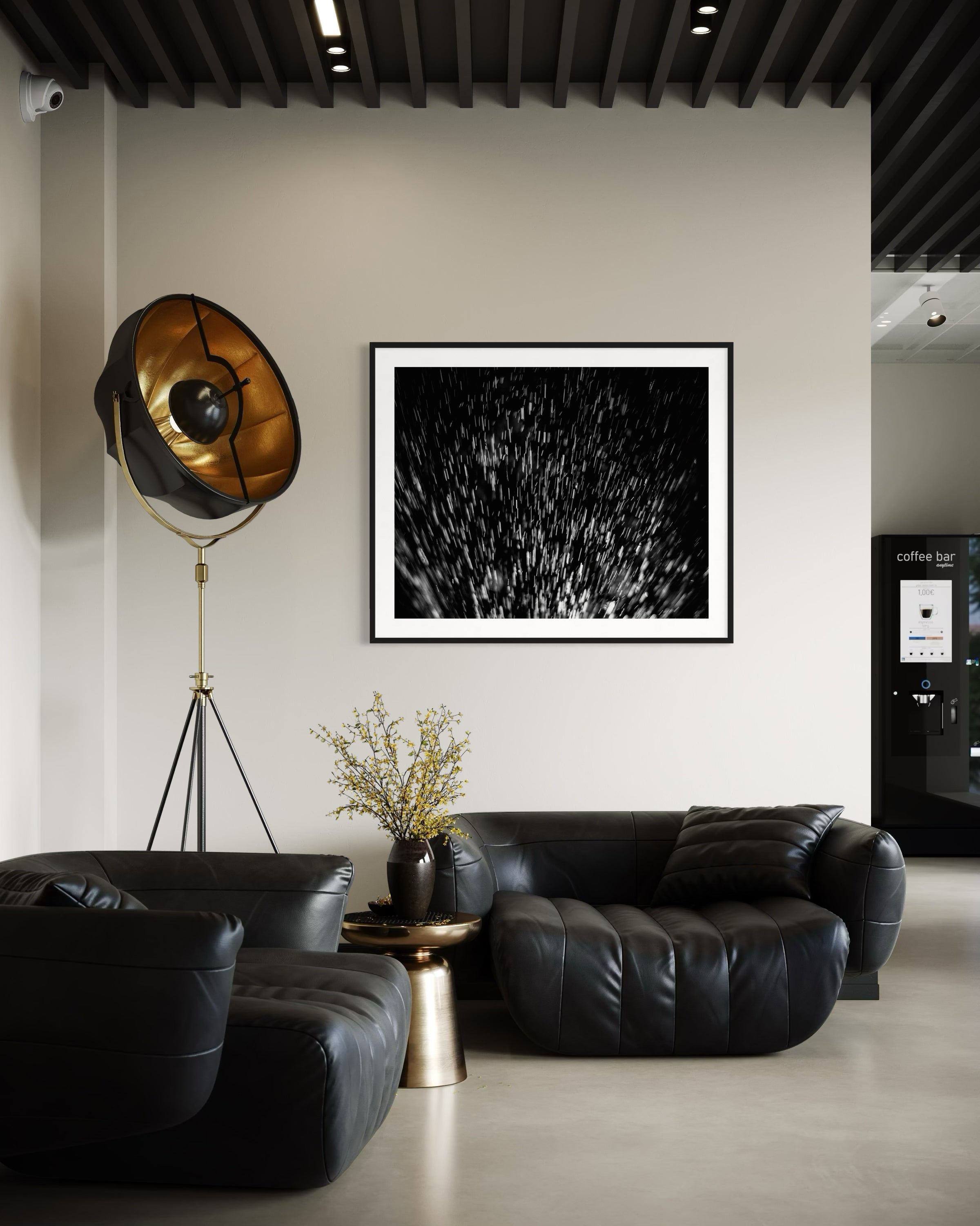 abstract water spray, backlit, spraying up, macro, black and white, photo art print in black frame on light tan wall in business lounge with black leather couches and vending machine