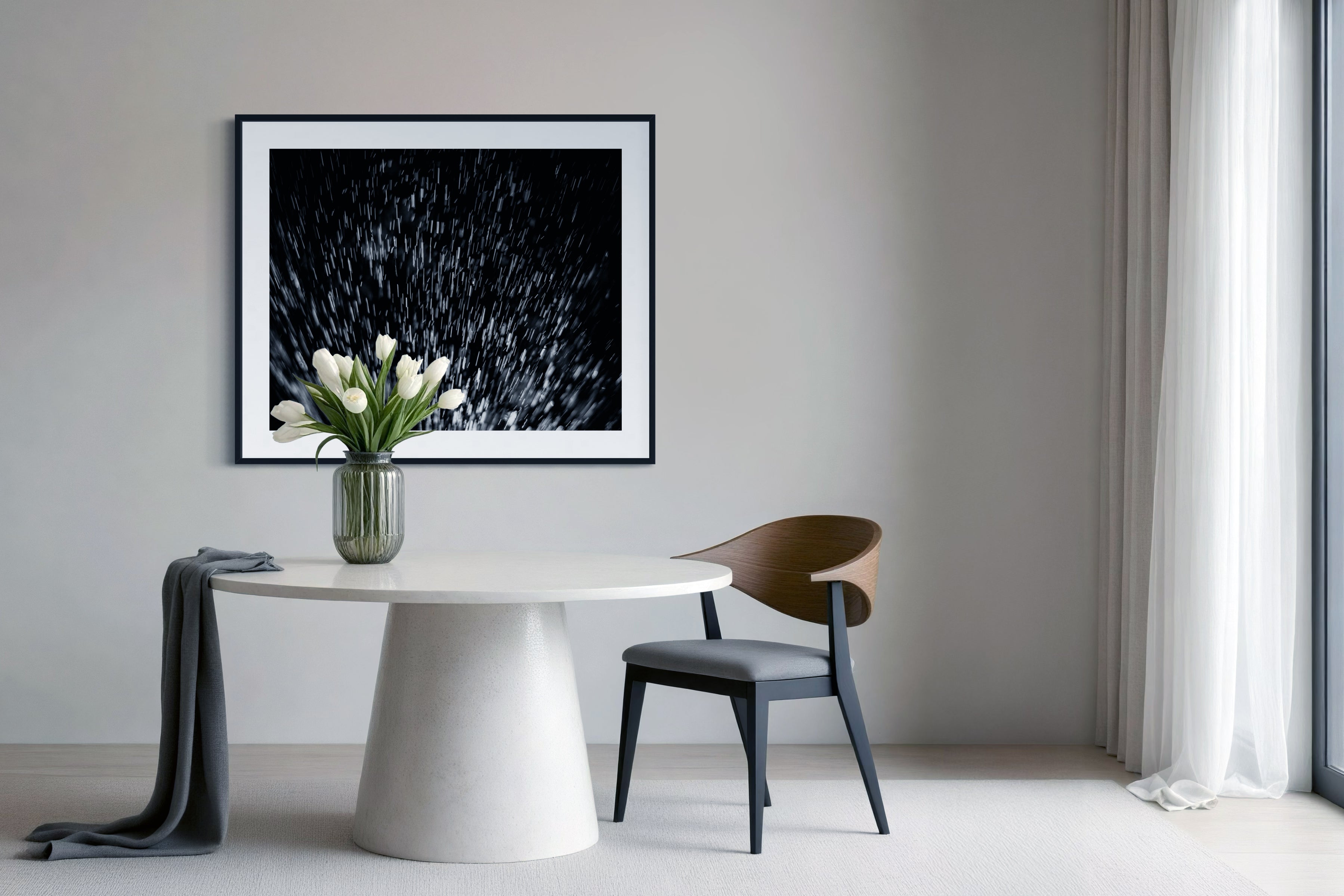 abstract water spray, backlit, spraying up, macro, black and white, photo art print in black frame on light gray wall in minimalist residential breakfast area