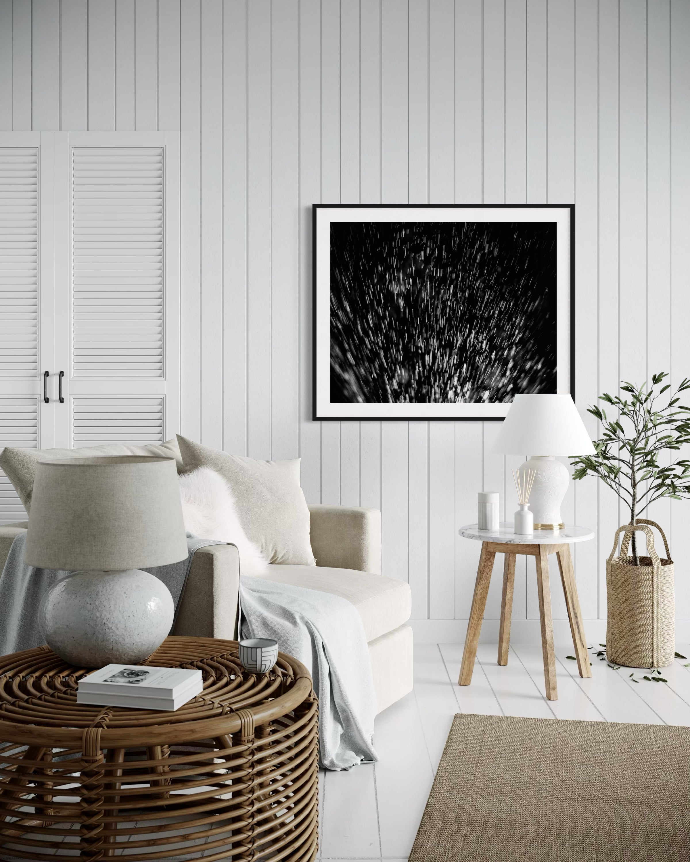 abstract water spray, backlit, spraying up, macro, black and white, photo art print in black frame on white wall in coastal style sitting room