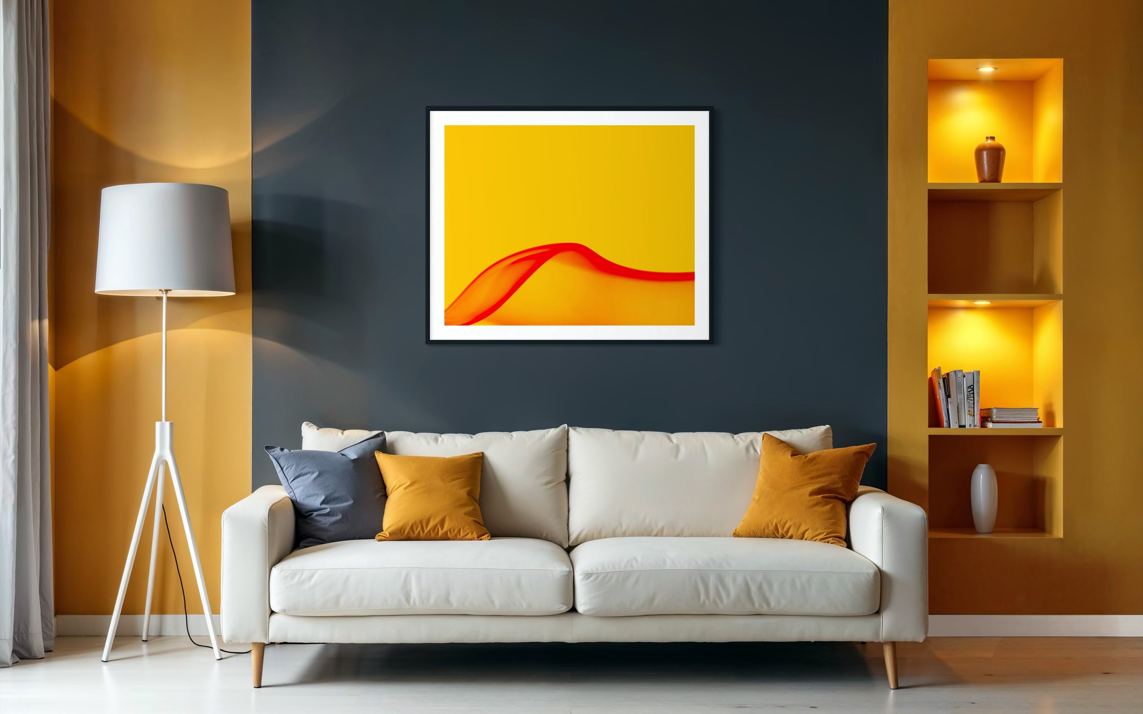 Modern living room with a white sofa, colorful cushions, and a vibrant abstract painting on a dark wall.