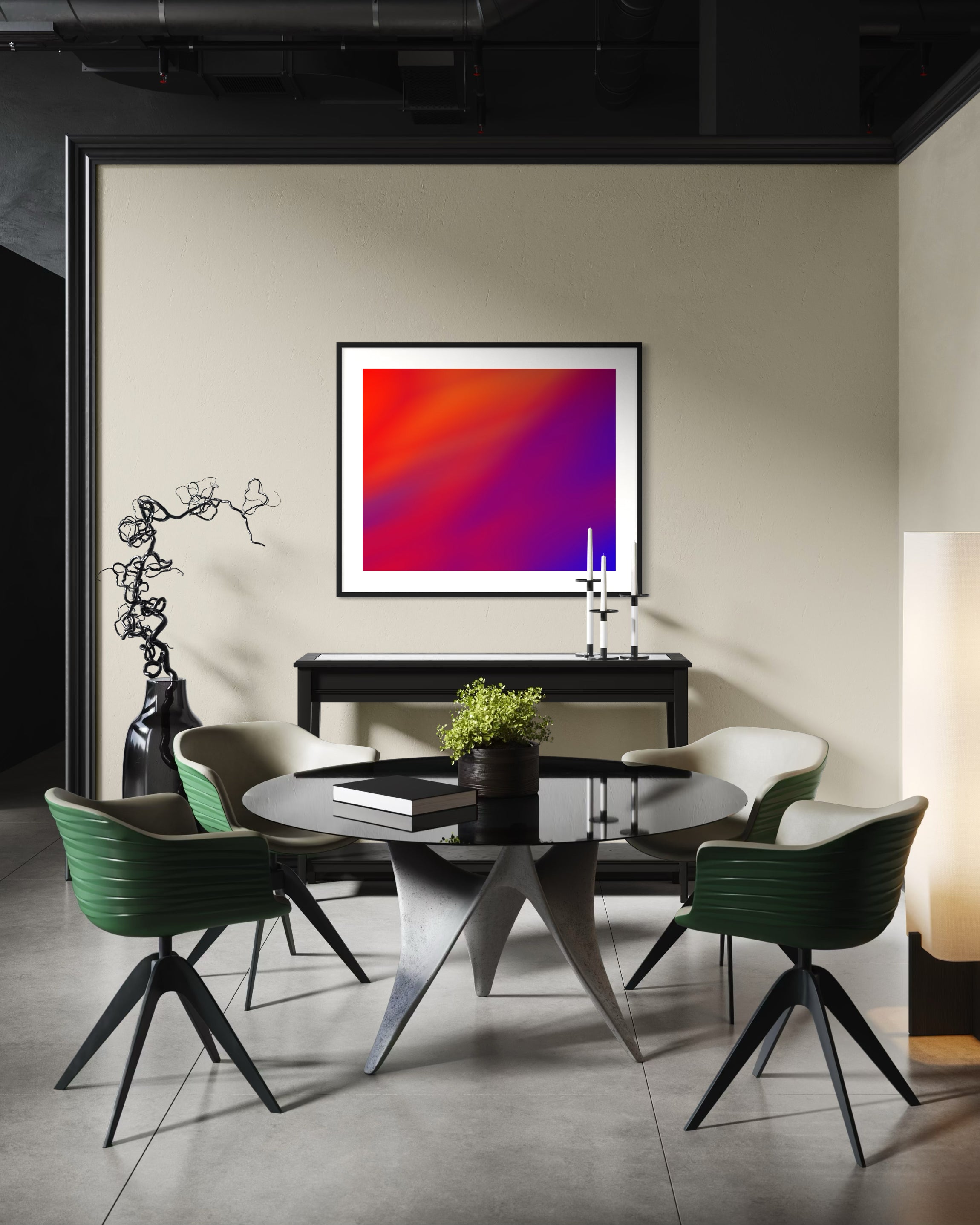 photo of abstract orange, yellow and purple in black frame with white matte on tan wall in modern dining area