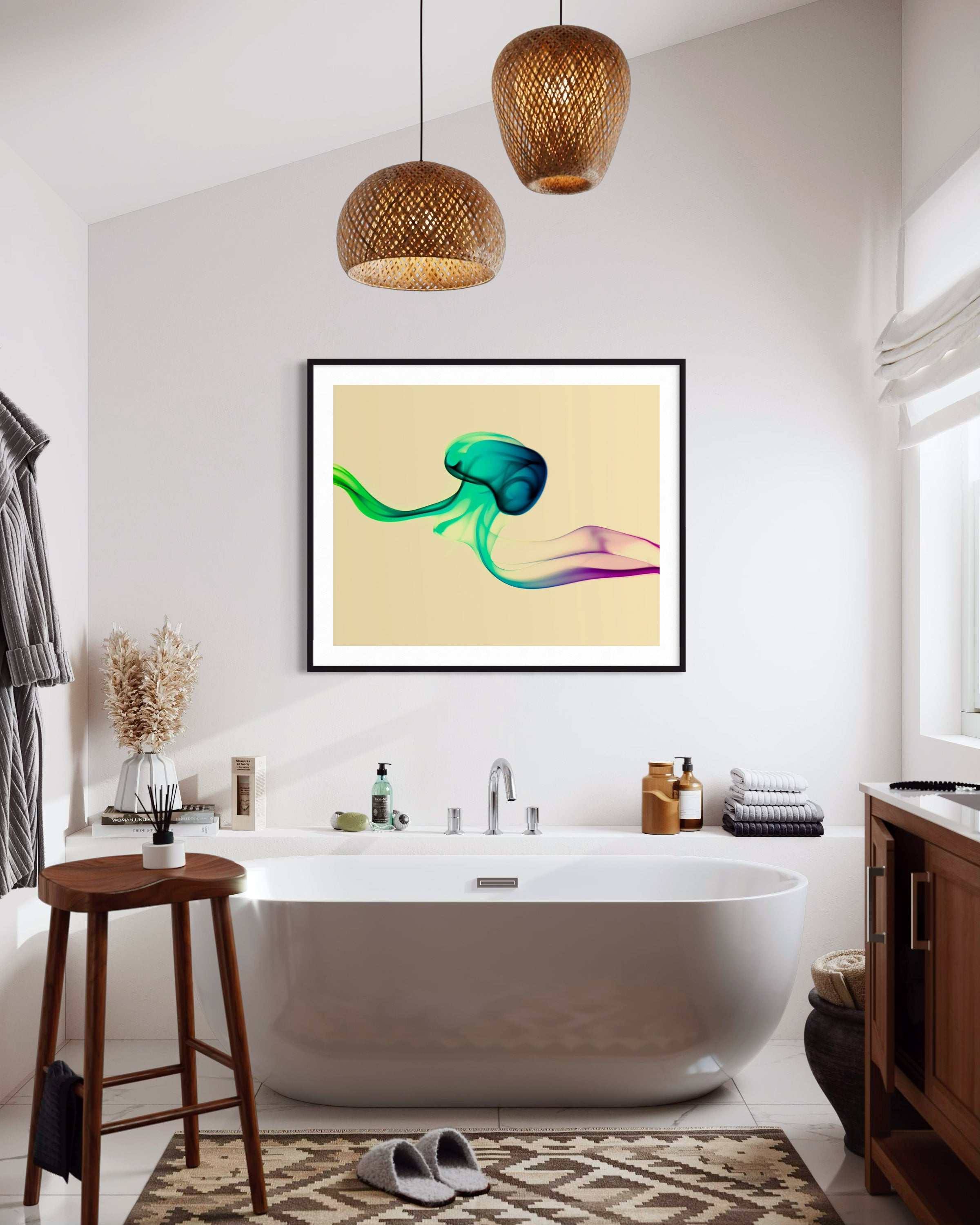 Modern bathroom with a bathtub, wooden stool, and abstract art on the wall.