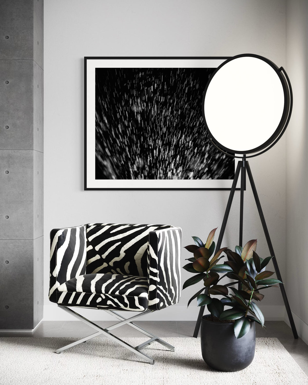 Modern interior with a zebra-patterned chair, round lamp, and framed artwork on a gray wall.