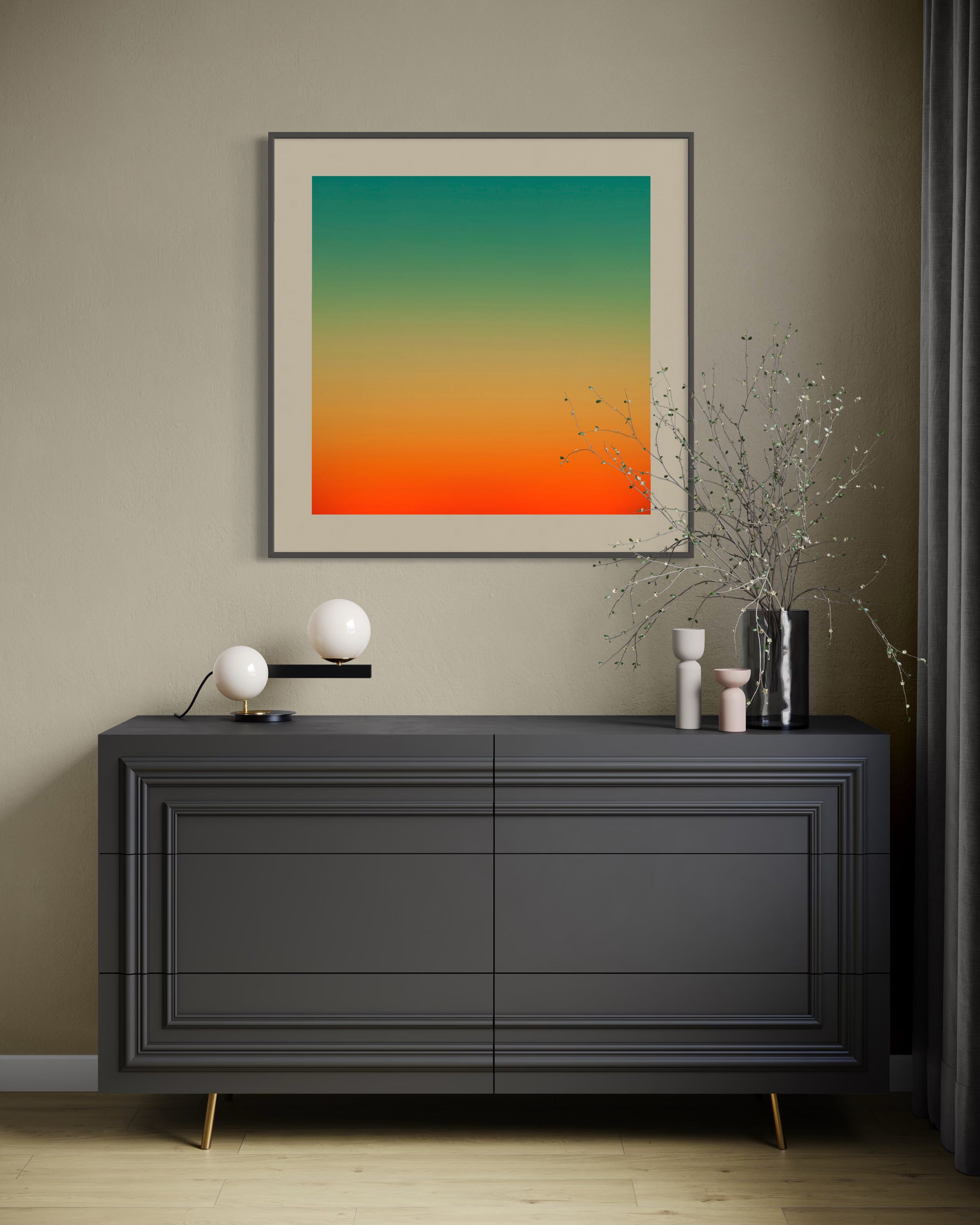 Modern interior with a dark gray dresser, colorful abstract painting, and decorative items.